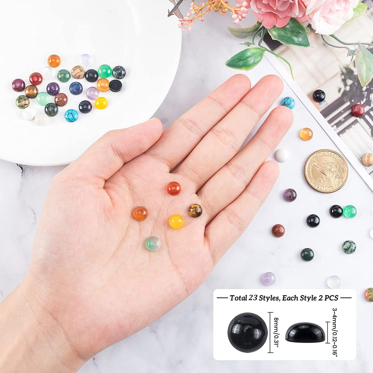 PH PandaHall 46pcs 23 Styles Stone Cabochons 8mm Gemstone Half Round Flatback Gemstones Beads Quartz Chakra Stone Crystal for Earring Necklace Bracelet Jewelry Making