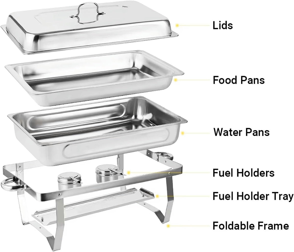 FENOKD Chafing Dish Buffet Set 2 Pack Stainless Steel Chafer for Catering, Full Size Rectangular Catering Chafer Warmer Set with Trays Pan Lid Folding Frame Stand.