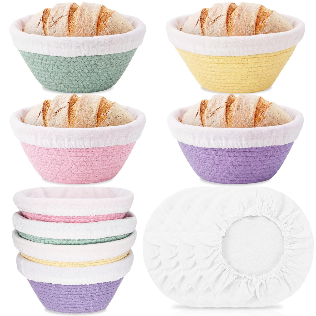 Ferrochef Round Banneton Bread Proofing Basket Set Cotton Rope Sourdough Bread Banneton Basket with Liners Covers for Baking Supplies(5 Inch)