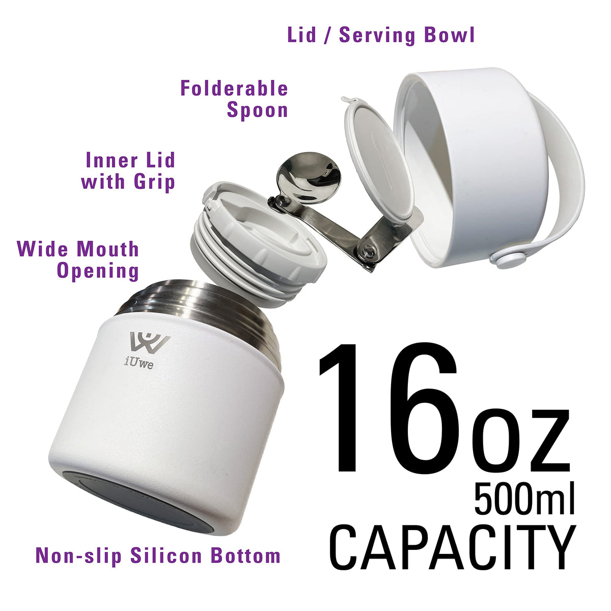 iUwe 16oz Food Thermos for Hot Food Kids Lunch Container with Spoon. 316L Stainless Steel Small Thermal School Lunchbox Leak Proof Travel Soup Thermos Insulated Food Jar for Adult Camping. (White)