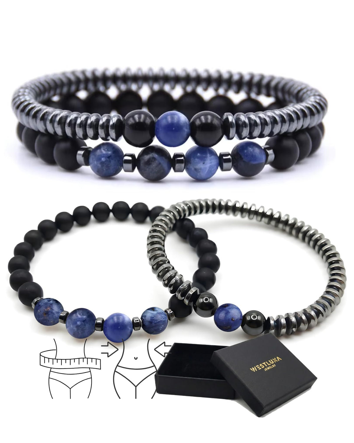 WestLuna Magnetic Hematite Bracelet for Women Men, Adjustable Black Obsidian Sodalite Natural Stone Beaded Bracelets, Slimming Crystal Chakra Energy Bracelet Gift (Sodalite, Small)