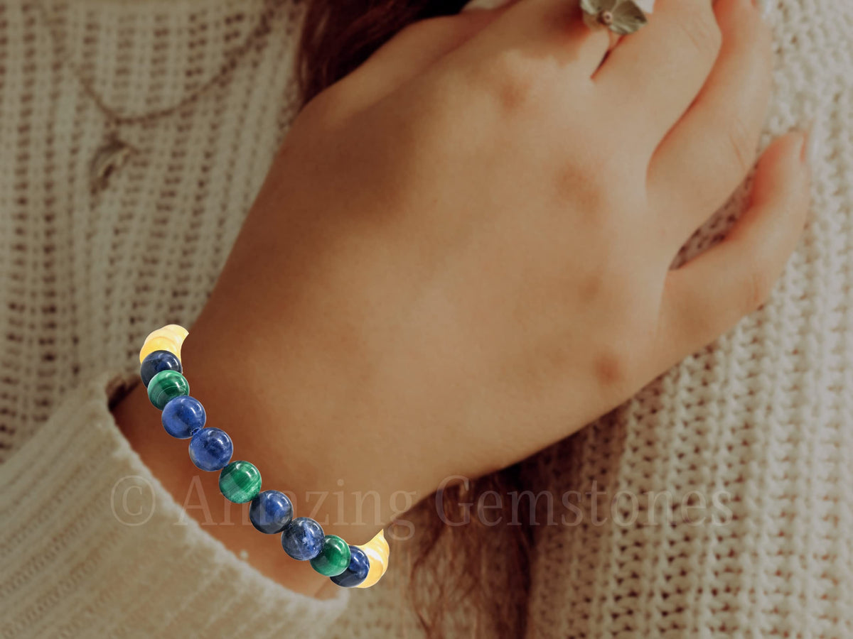 Amazing Gemstone Diabetic Support Bracelet - Yellow Calcite Sodalite Malachite Bracelet Set for Men Women Healing Calming Anxiety Stress Relief Gifts Pulseras Para Hombres Mujer Stocking Stuffers