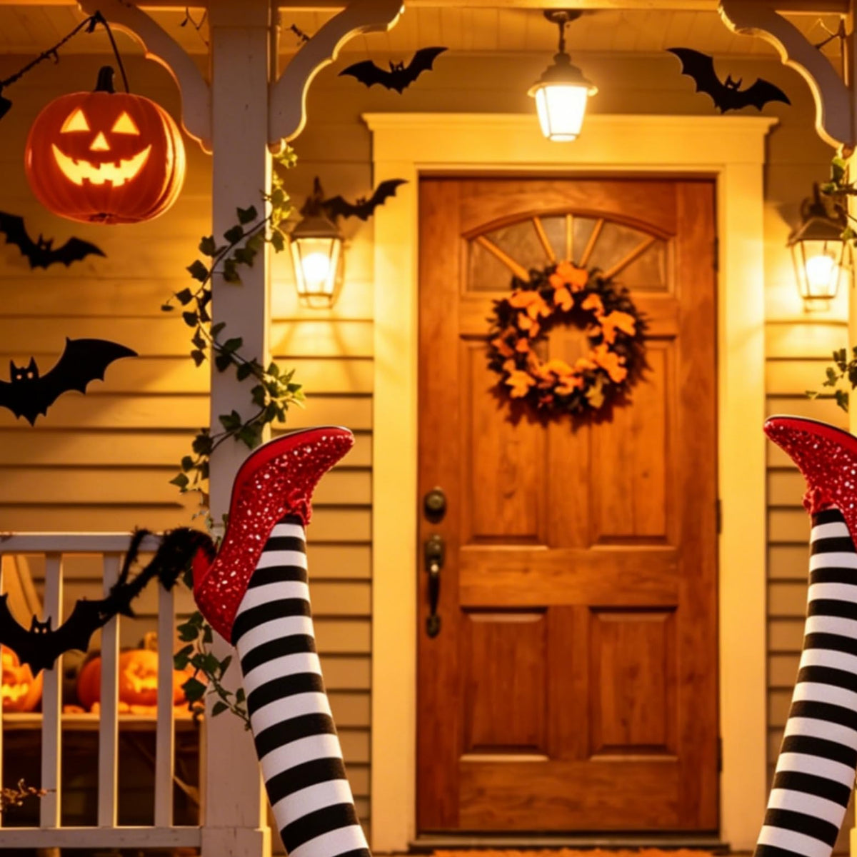 Wicked Witch Legs Prop – Halloween Decoration with Red Shoes, Fake Legs for Haunted House, Indoor & Outdoor Party Decor