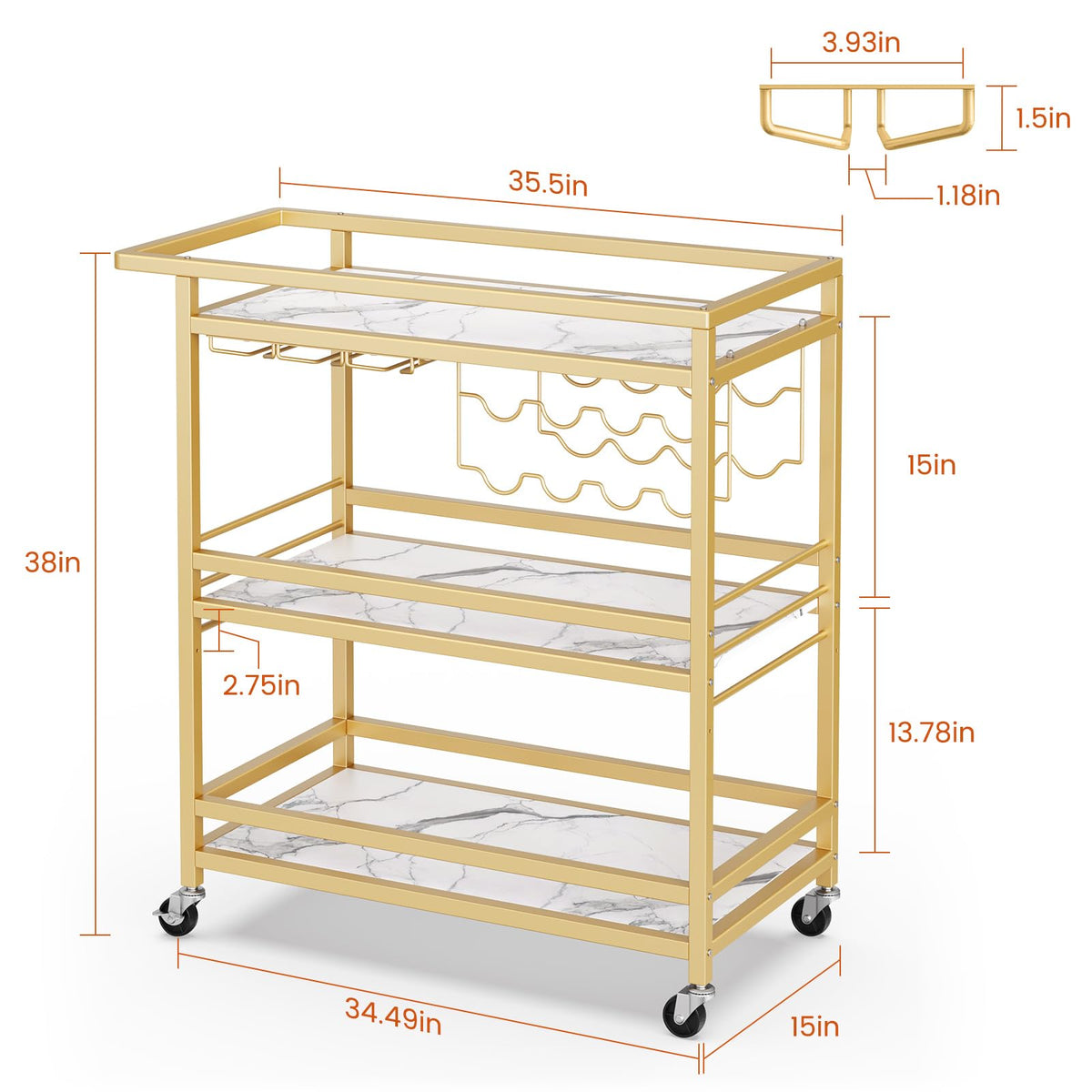 Leteuke Bar Cart for Home, 3 Tier Gold Serving Rolling Carts with Wheels, Drink Cart, Liquor Stand with Marbled Wooden Shelves, Wine Rack and Glass Holder for Kitchen, Dining Room