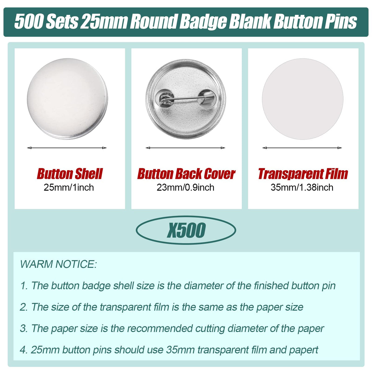 1500 Piece 25 mm/1 Inch Button Making Supplies Kit - Round Badge Blank Button Pins, Metal Parts, Including Cover and Clear Film