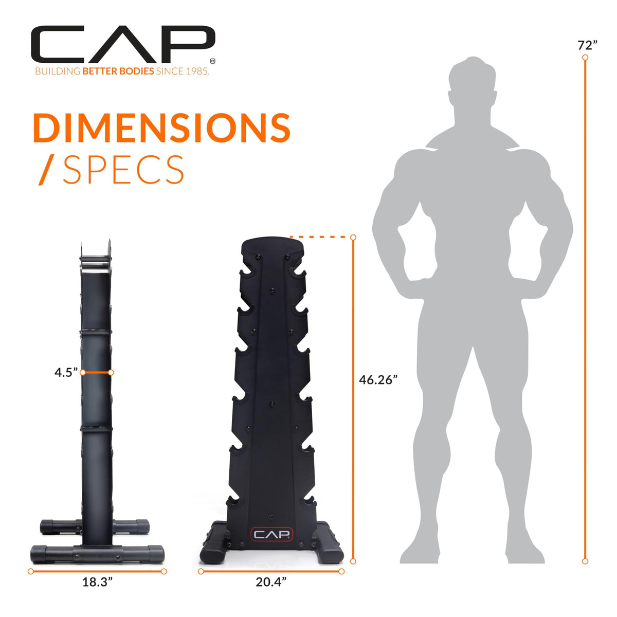 CAP 210 lb Rubber Coated Hex Dumbbell Set with Vertical Rack, Space-Saving Storage for Home Gym Strength Training, Chrome Handle, Black Rack