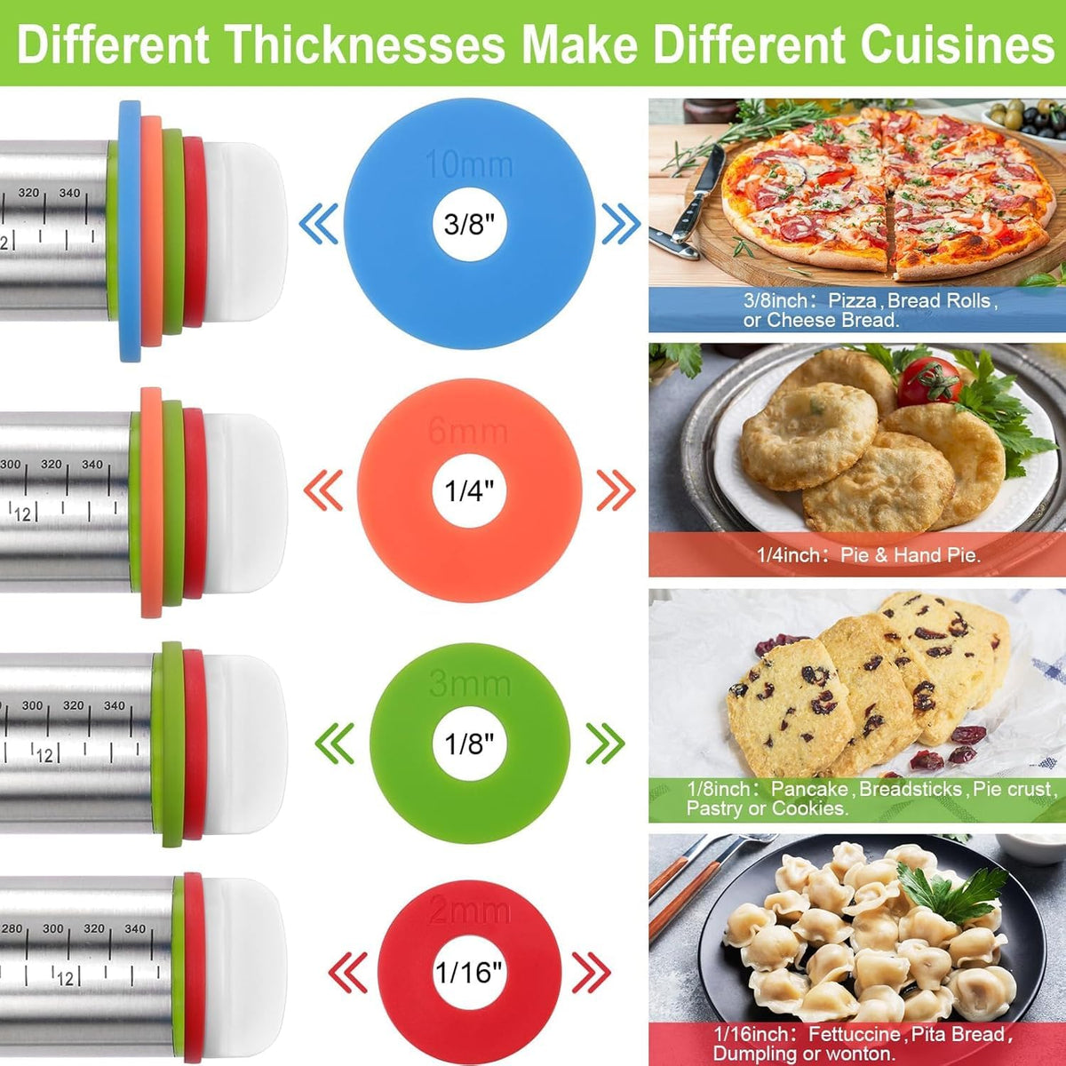 liboyixi Rolling Pin and Pastry Baking Mat Set, 17-inch Rolling Pins with Adjustable Thickness Rings, Stainless Steel Dough Roller for Baking Fondant, Pizza, Pie, Pastry, Pasta, Cookies (black)
