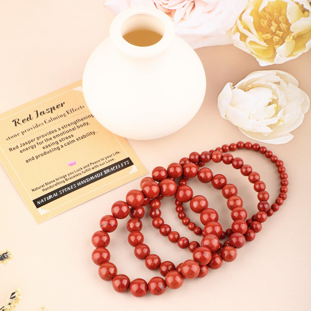 AD Beads 10mm Handmade Red Jasper Elastic Bracelet – Natural Gemstone for Stone provides Calming Effects – Meditation, Yoga, Healing and Energy Gift for Men Women