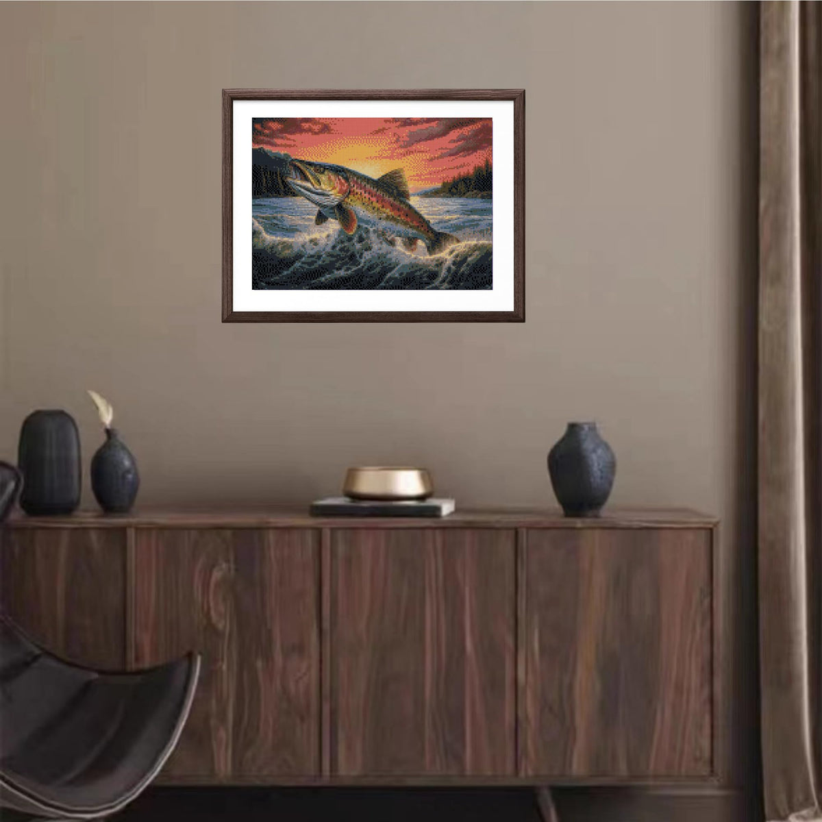 Trout Fish Jump from Water Sunset DIY 5D Diamond Art Painting by Number Kits for Adults Paint with Round Full Drill Diamond Gems Painting Art Craft for Home Wall Decor 11.8x15.8in(1)