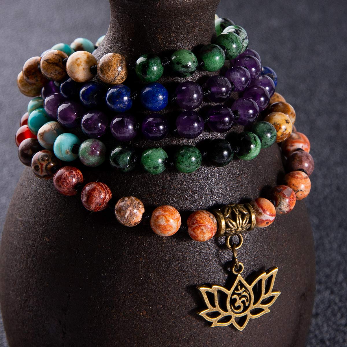 Bivei 7 Chakra 108 Mala Beads Bracelet Real Gemstone Yoga Meditation Hand Knotted Mala Prayer Bead Necklace(Lotus OM-6mm beads)