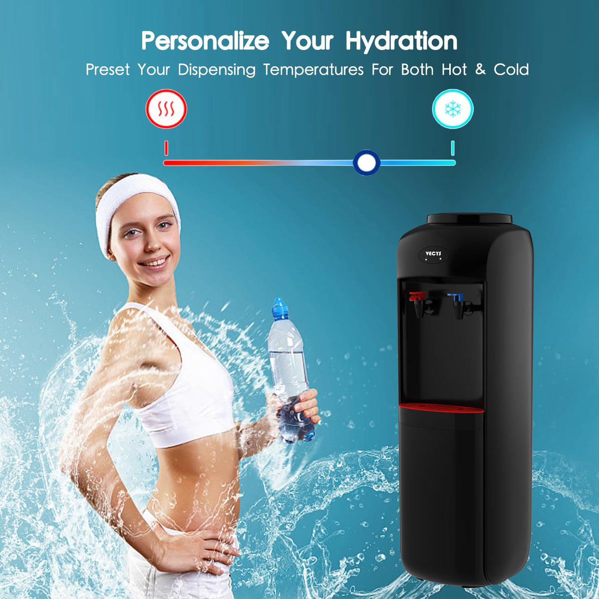 VECYS Hot and Cold Water Cooler Dispenser 3 or 5 Gallon with Child Safety Lock, Built-in Refrigerating Compressor and 304 Stainless Steel Reservior