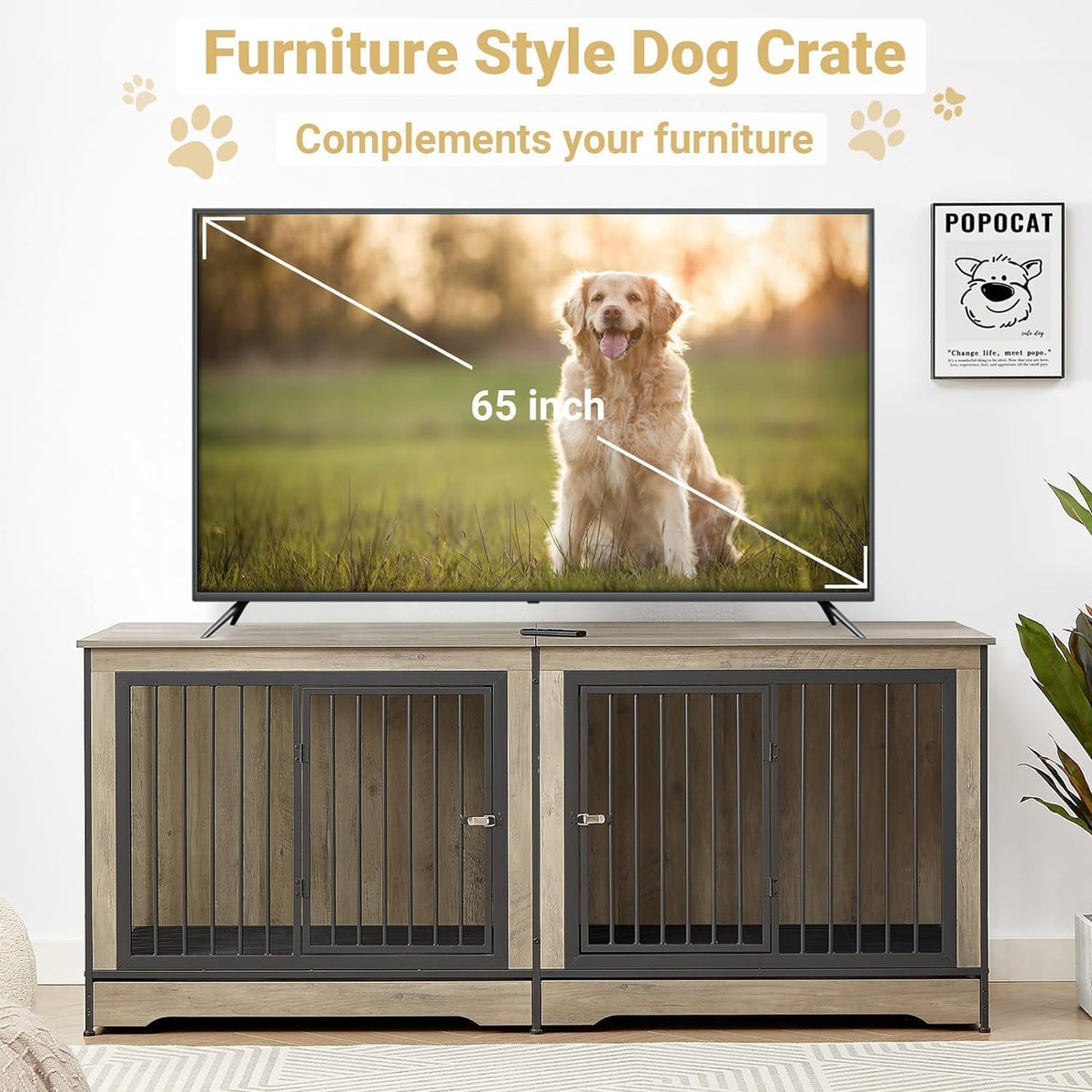 Rovibek 75'' Double Dog Crate Furniture for 2 Large Dogs, Heavy Duty Furniture Style Dog Crates End Table, Wood Crates for Dogs Kennel Indoor with Double Door, Grey