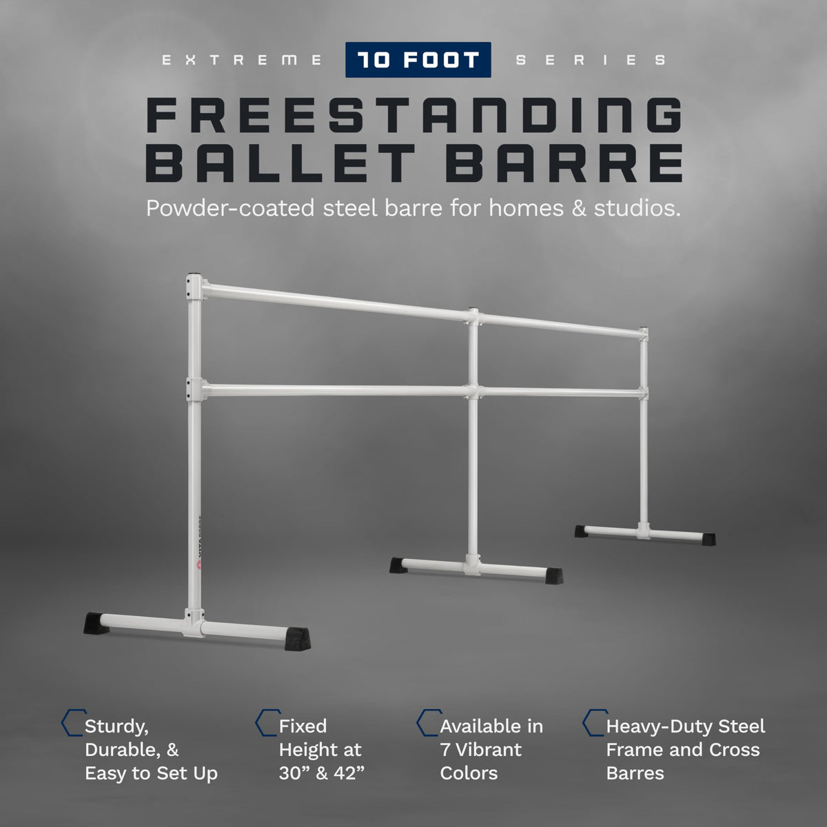 VITA Barre Portable Freestanding Double Ballet Barre, Extreme, 10 Ft Bars, Satin Silver, Steel | Fixed Height, Made in USA, Home or Gym Exercise Equipment for Kids & Adults | Dance, Fitness, Pilates