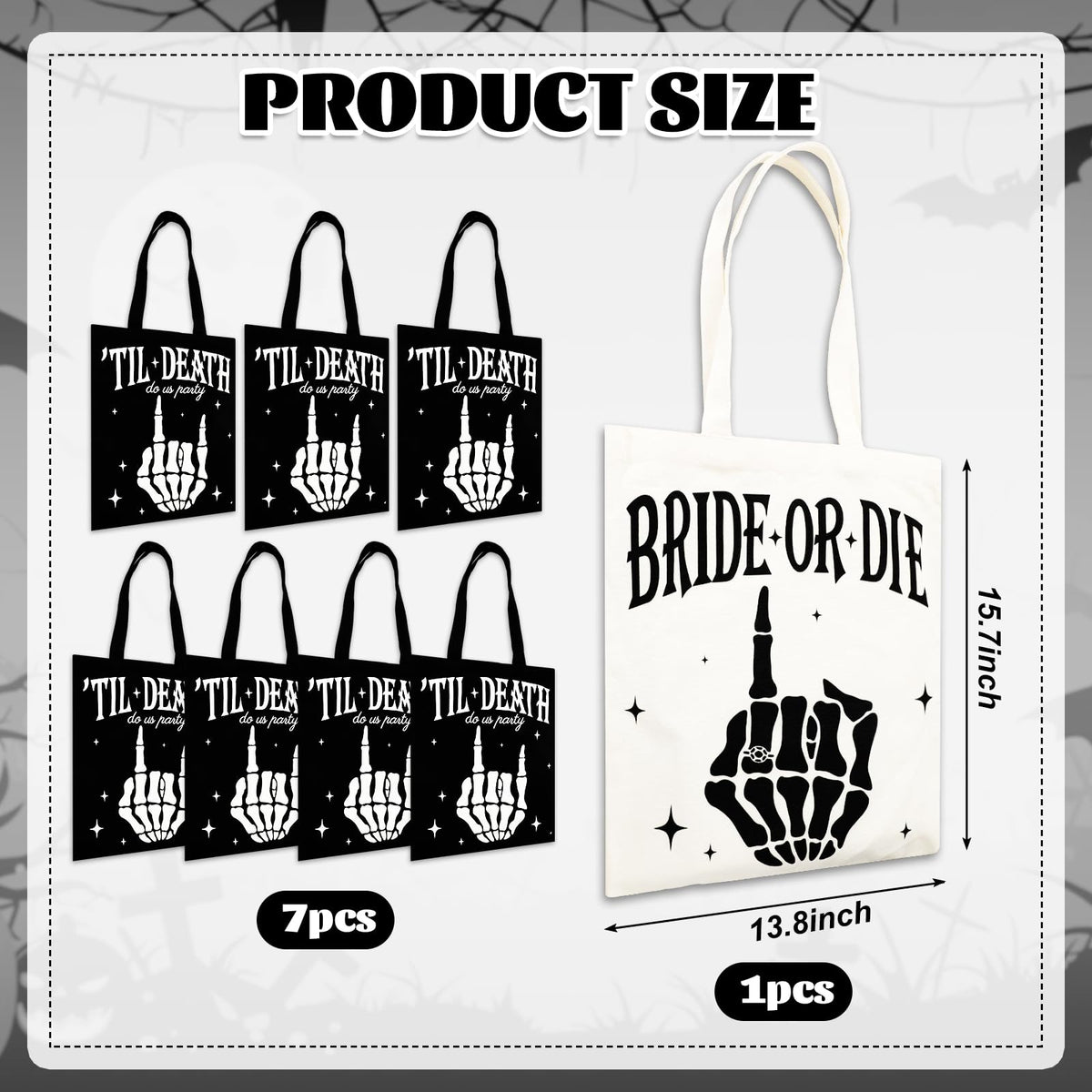 JarThenaAMCS 8Pcs Bride or Die Bachelorette Party Bag Reusable Bridesmaid Canvas Bags Black White Till Death Do Us Party Shoulder Tote Bags for Halloween Bridal Shower Wedding
