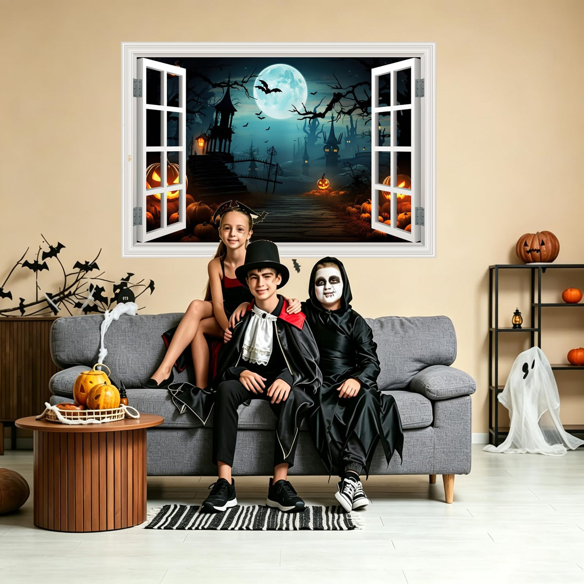 Fake Window Wall Decals Halloween Pumpkin Castle Bat Night View Terror Mural Faux Window Sticker Poster Open Wall Art Picture， for Room Office Decor Stick and Peel Natural Scenery Scene 16“x24”
