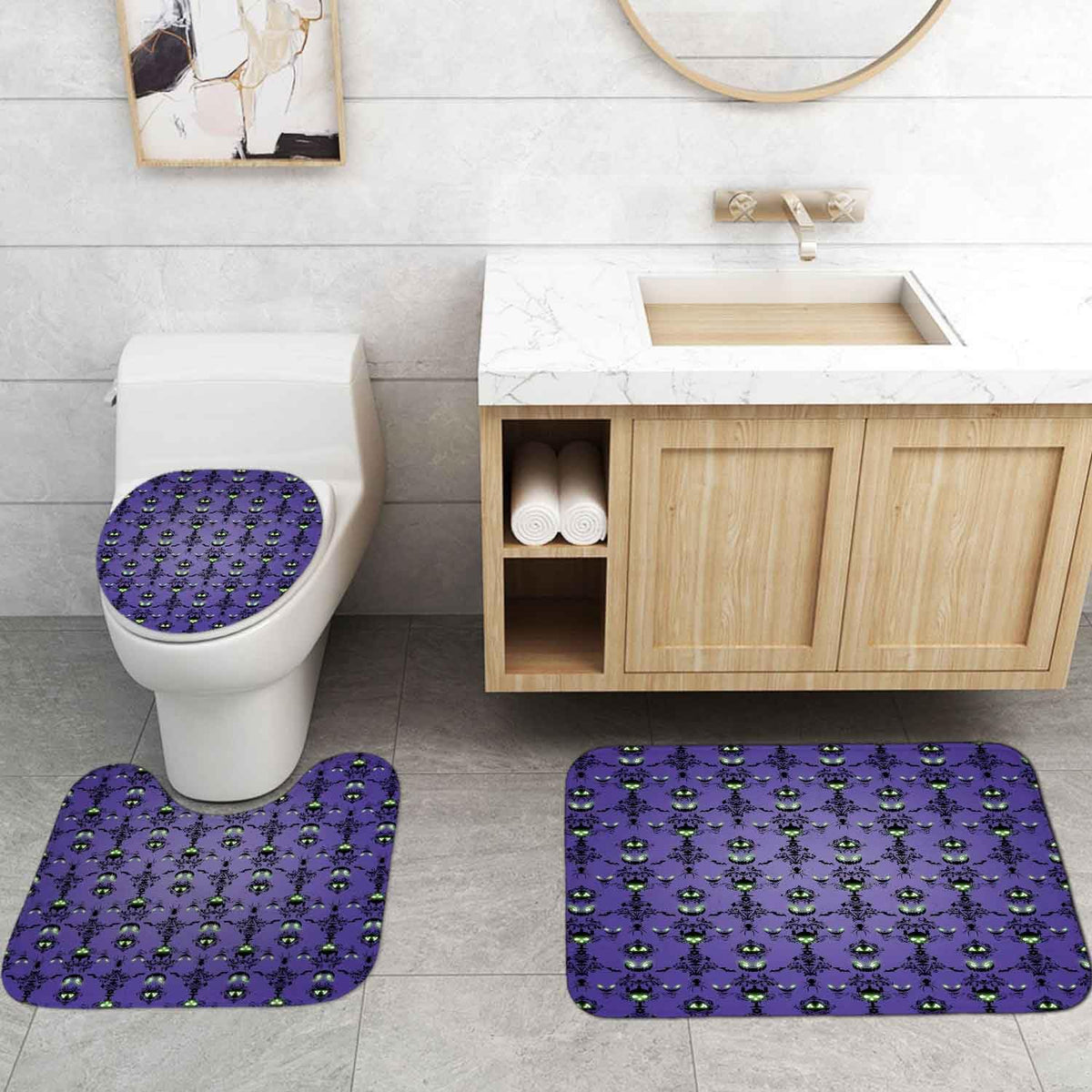 OLEBETY 4PCS Halloween Shower Curtain Set, Waterproof Fabric Purple Shower Curtain, Non-Slip Bath Mat Bathroom Rugs, Skull Spooky Pumpkin Black Floral Bat Spider Haunted House Mansion Bathroom Decor