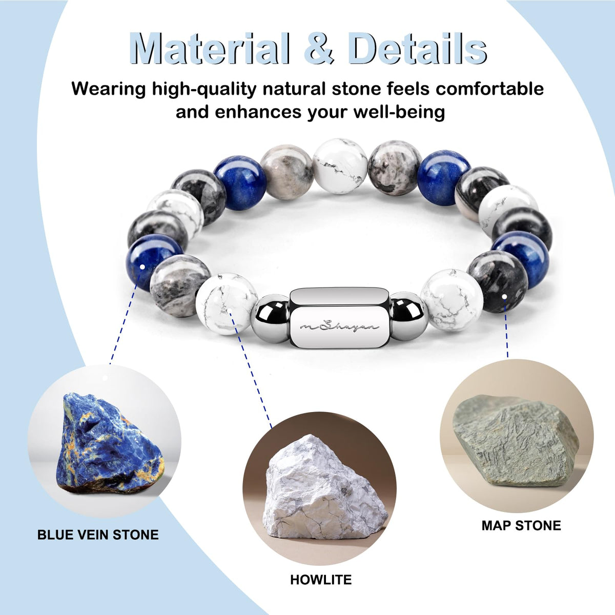 Howlite Natural Gemstone Bracelet for Men, Map Gemstone and Blue Vein Gemstone for Teens Gifts, 10MM Men's Elastic Adjustable Beaded Bracelets for Men, Handcrafted Gifts For Anniversary,Christmas.