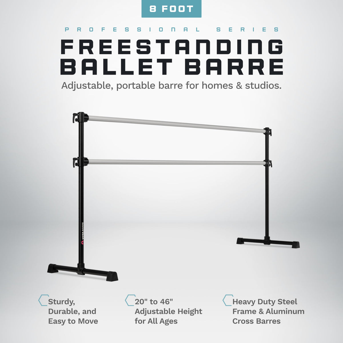 VITA Barre Portable Freestanding Double Ballet Barre, Professional, 8 Ft Bars, Black, Aluminum | Adjustable Height, Made in USA, Home or Gym Exercise Equipment for All Ages | Dance, Fitness, Pilates