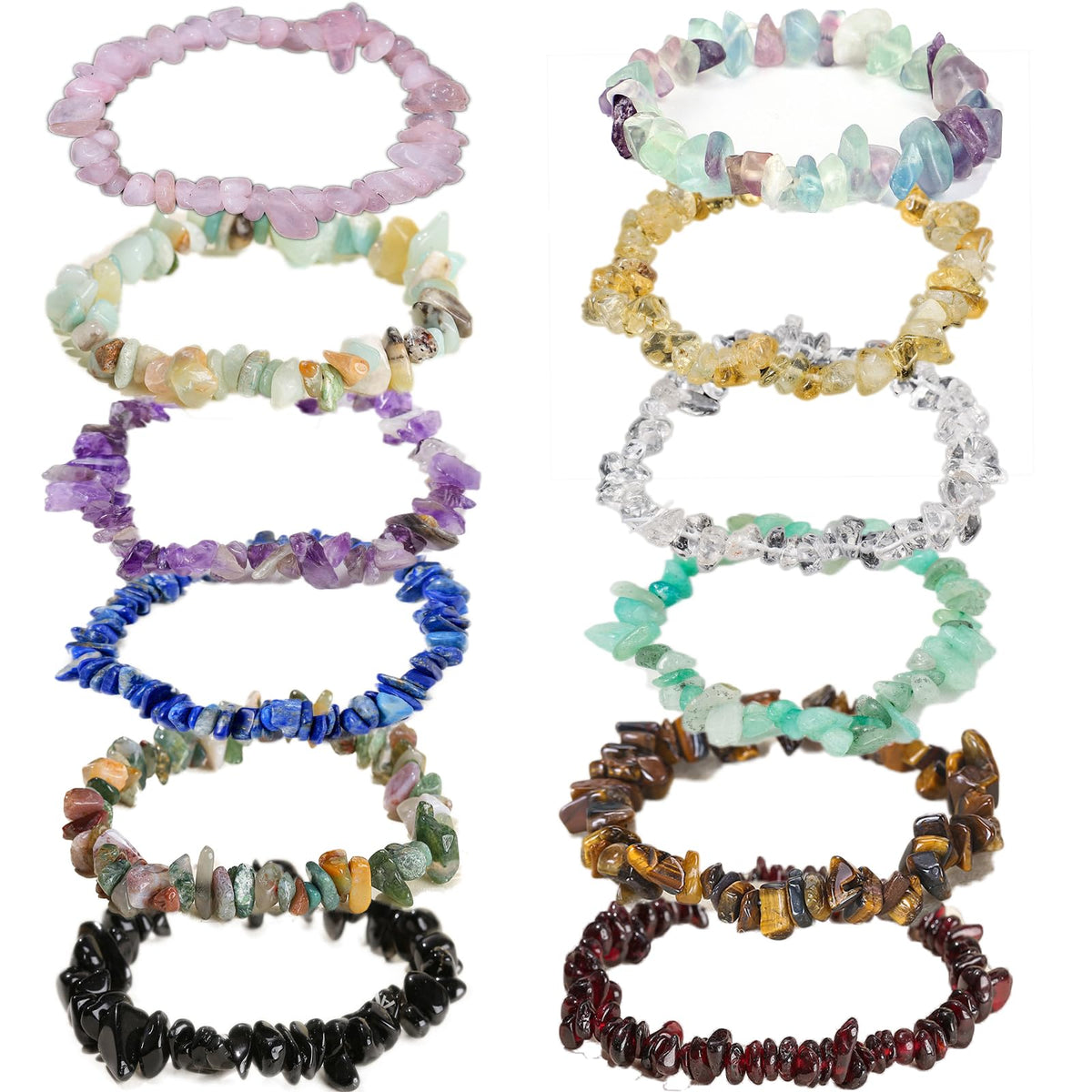 KRYOSAUR Natural Healing Crystal Bracelet Set, 12 Pack Multicolor Gemstone Energy Bracelets with Amethyst, Rose Quartz, Tiger Eye, Black Obsidian for Meditation, Protection