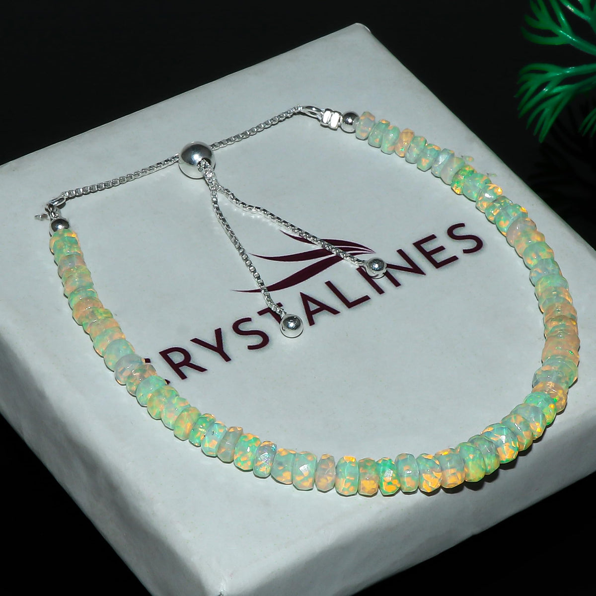 CRYSTALINES Natural Ethiopian Opal Gemstone Bolo Bracelet, Faceted Beads Stones, Handmade Boho Jewelry for Women, Healing Crystals, Silver Chain 6+4inch, October Birthstone, Trendy Gift