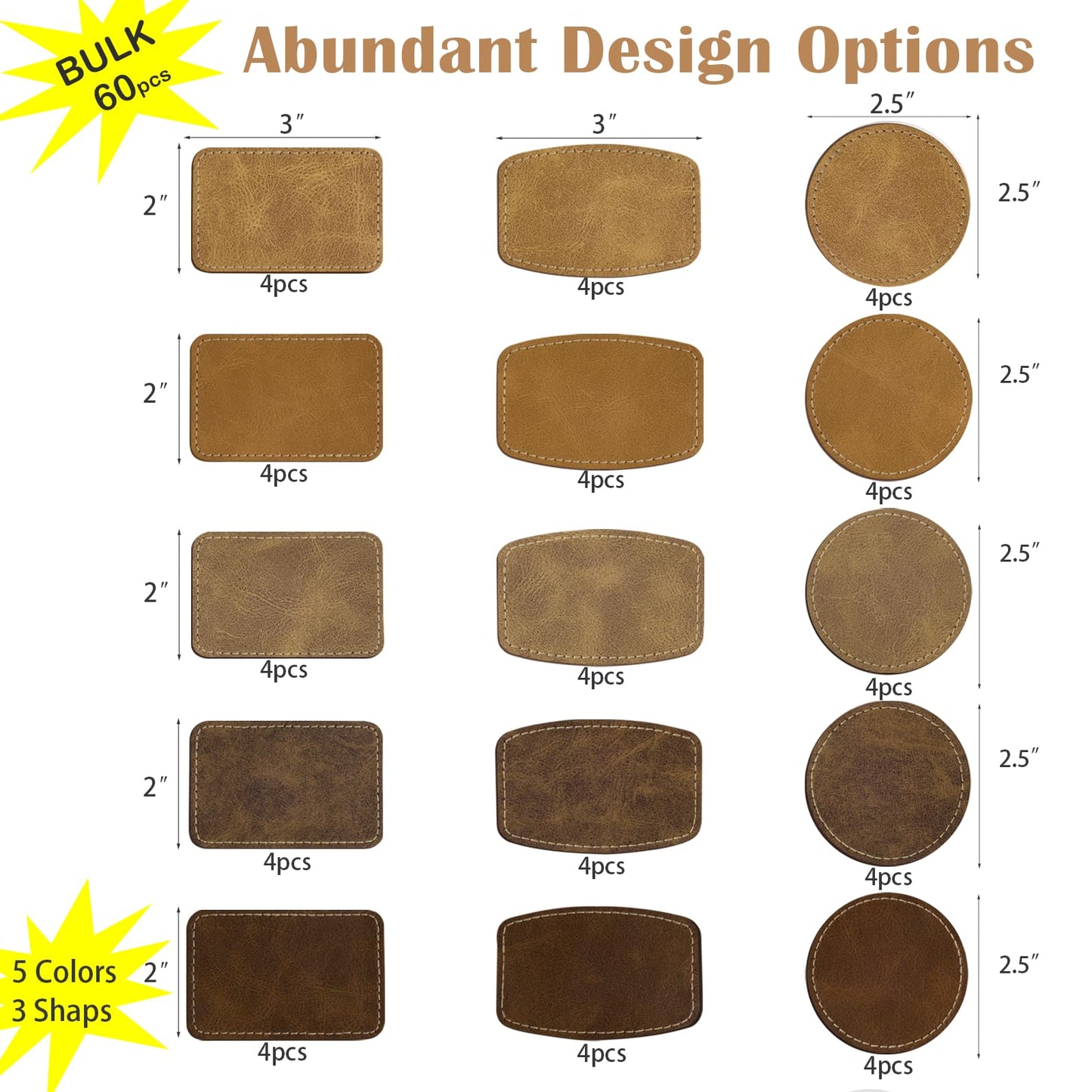 iFForce 60pcs Blank Patches for Laser Engraving & Iron On | PU Leather Repair Patches | Khaki & Brown 5 Colors 3 Shapes | Fix Hats, Jeans, Backpacks, Bags, Jackets | DIY Crafters & Designers