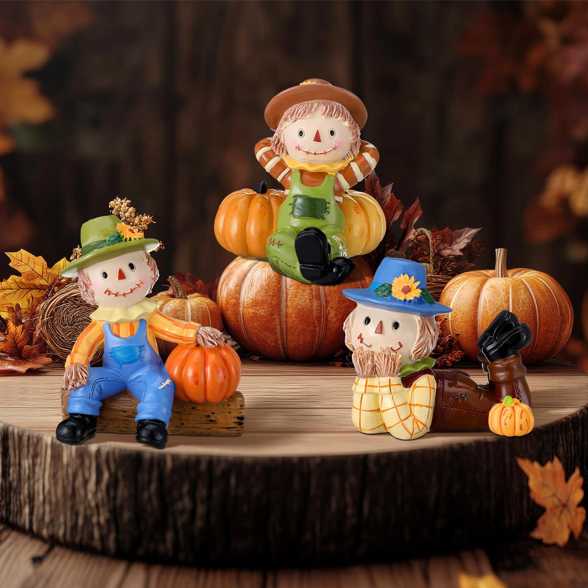 ShinyRelief 3 Pcs 3D Thanksgiving Scarecrows Table Decor Figurines with Pumpkin Fall Table Centerpiece Decor Autumn Harvest Resin Statue Gifts for Kitchen Home Office Tiered Tray Shelf Party Supplies