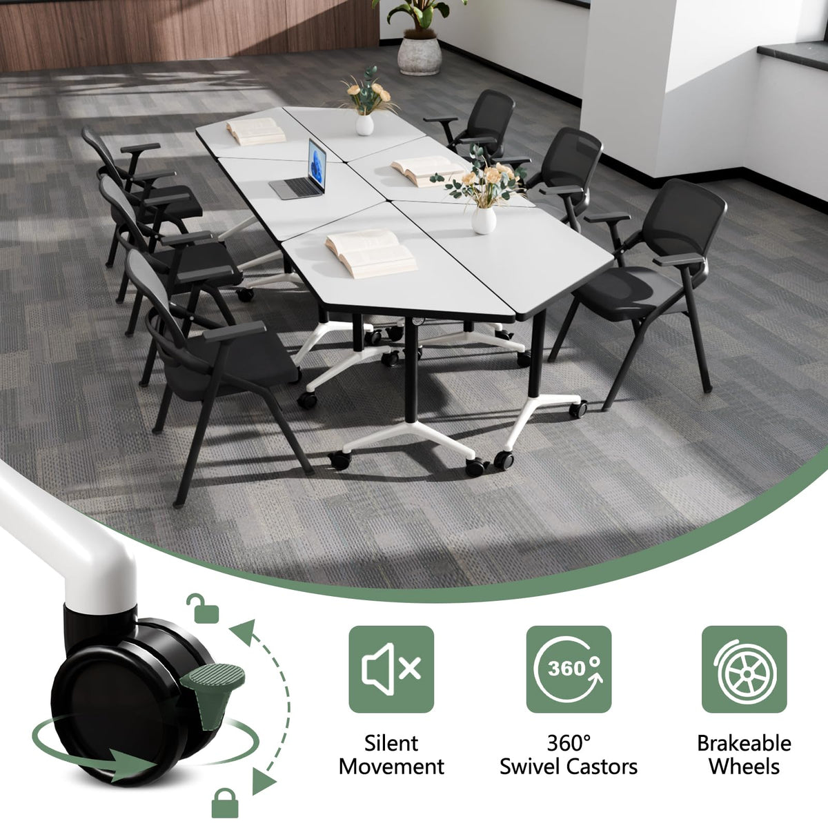 6 Pack Folding Conference Table,T-Shaped Conference Room Tables with Wheels, 47.2 in Modern Conference Table,Mobile Modular Seminar Meeting Desk for Classrooms,Office & Seminar (6, White)