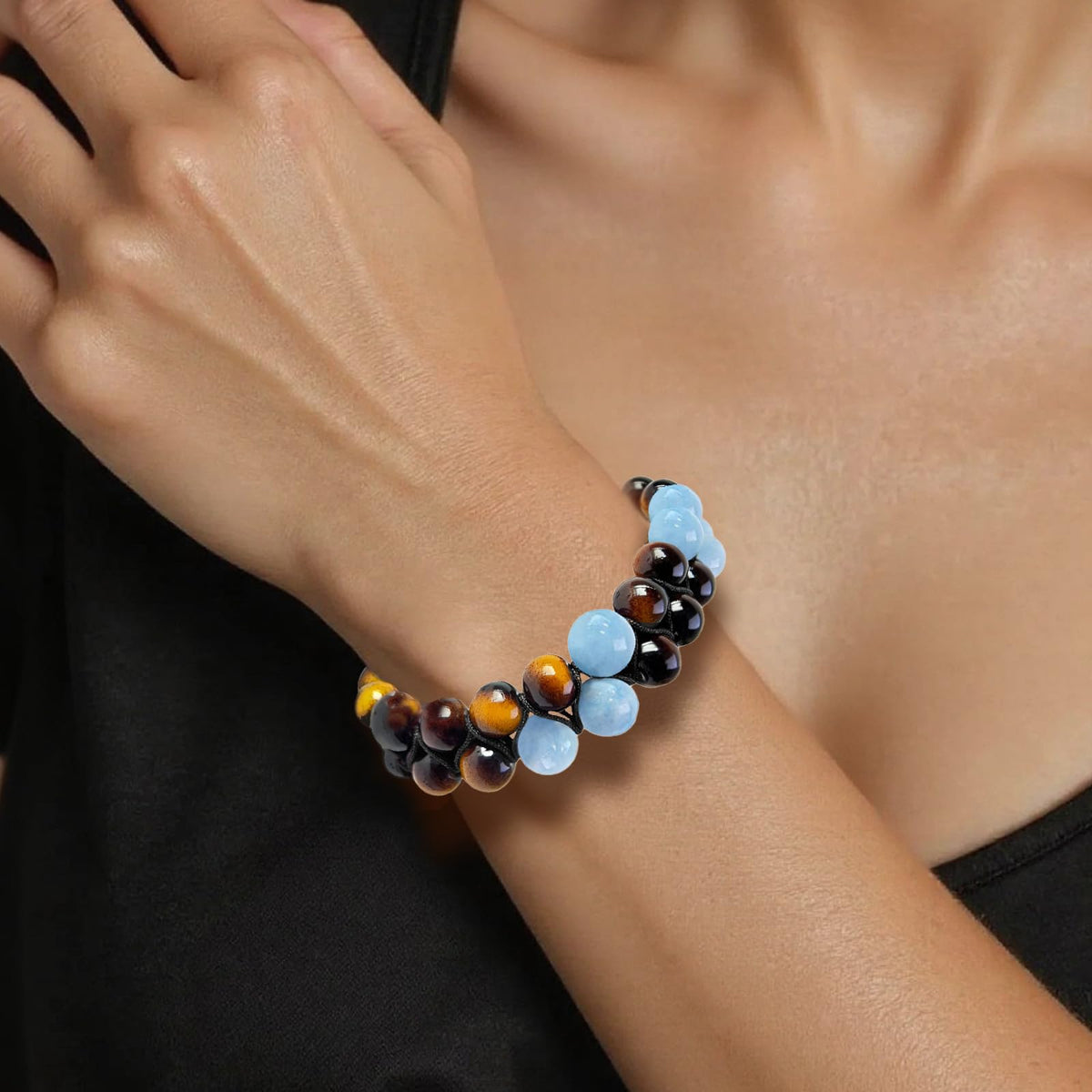 GLITZ AURA Handmade Triple Protection Bracelet - Easter Basket Stuffers for Teens, 8mm Natural Tiger's Eye & Aquamarine Bead Bracelet, Father Day Jewelry for Men, Adjustable Healing Crystal Gifts (Aquamarine)