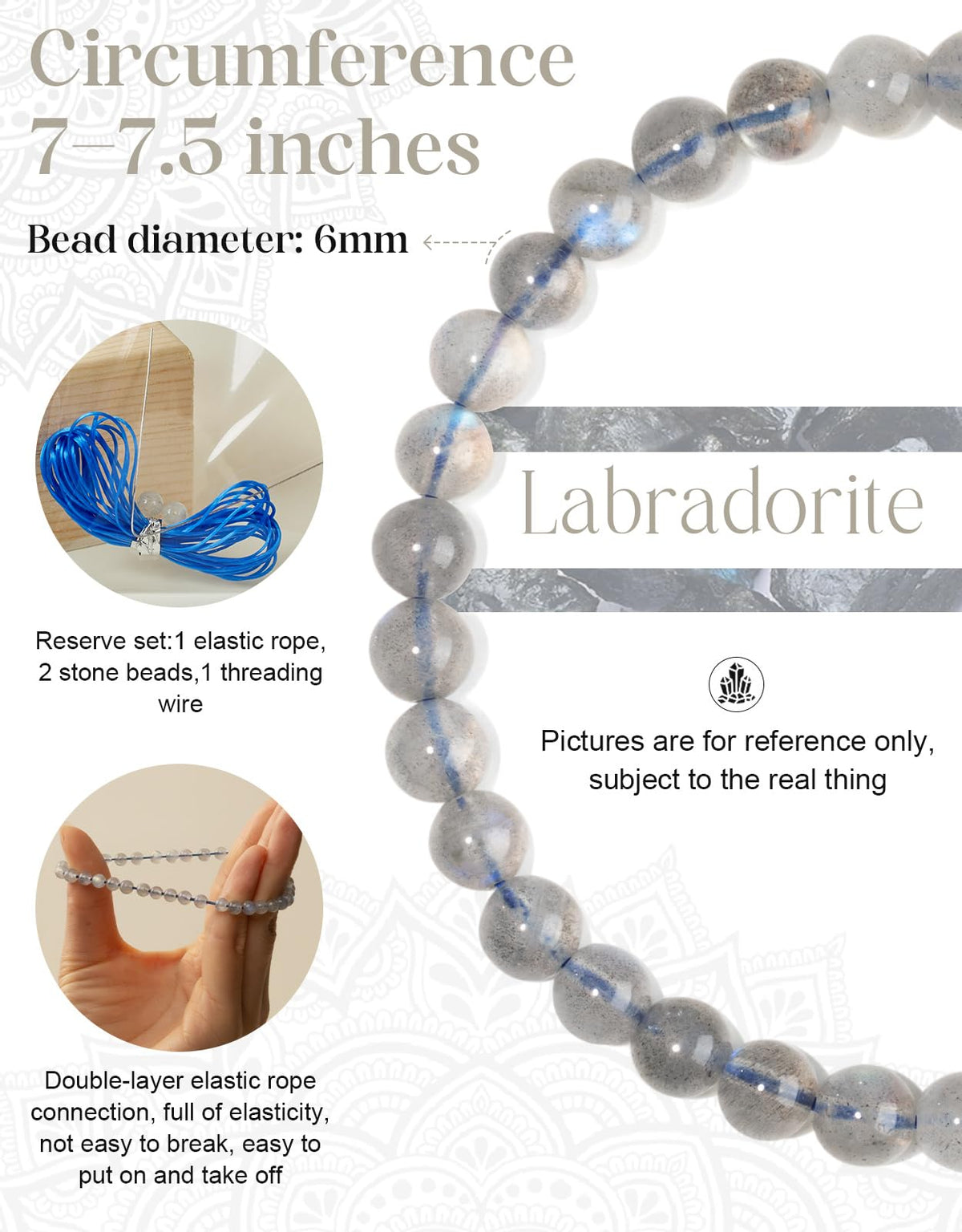 Landorilo Beaded Bracelet for Men Women, 6mm Natural Stone Labradorite Healing Crystal Stretch Bracelets, Ideal Christmas Birthday Jewelry Gifts with Energy Card，Replacement Beads Included