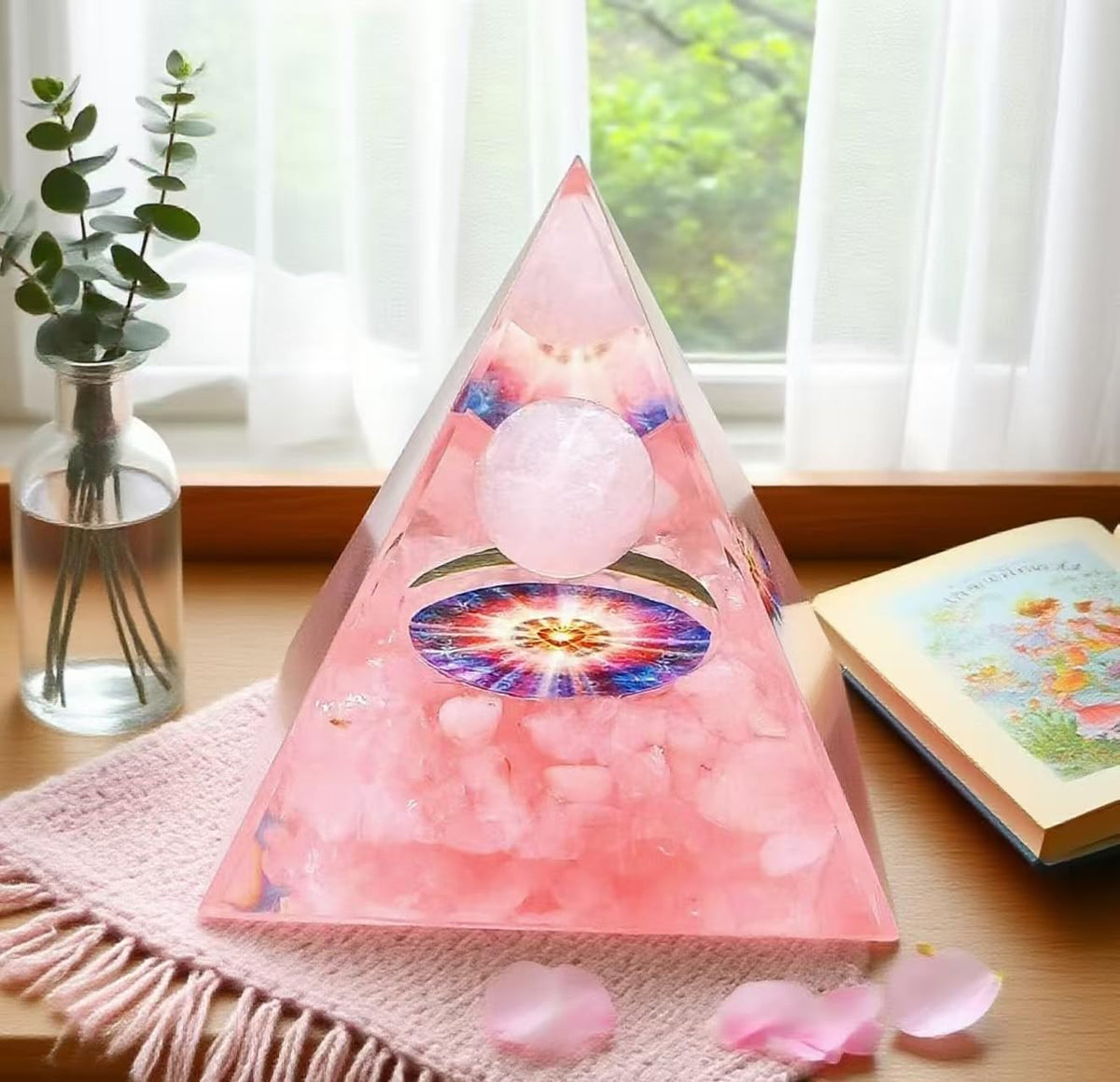 ycyingcheng Moonstone Crystal Orgone Pyramid Ogan Crystal Energy Tower, Nature Reiki Chakra Crushed Stone Jewelry, Crystal Pyramid for Home Decor (Pink Quartz)