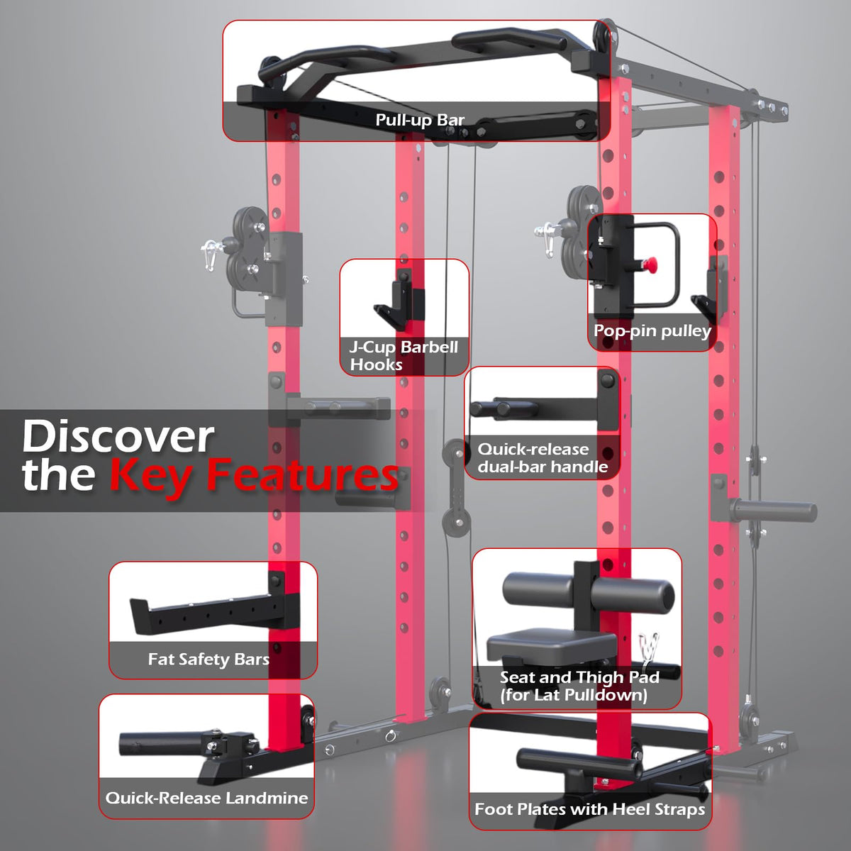 Power Rack with LAT Pulldown & Dual Pulley, 2000lbs Squat Rack for Home Gym, All-in-One Strength Training Cage with Cable Crossover, Bench Press & Pulley Workout System for Garage