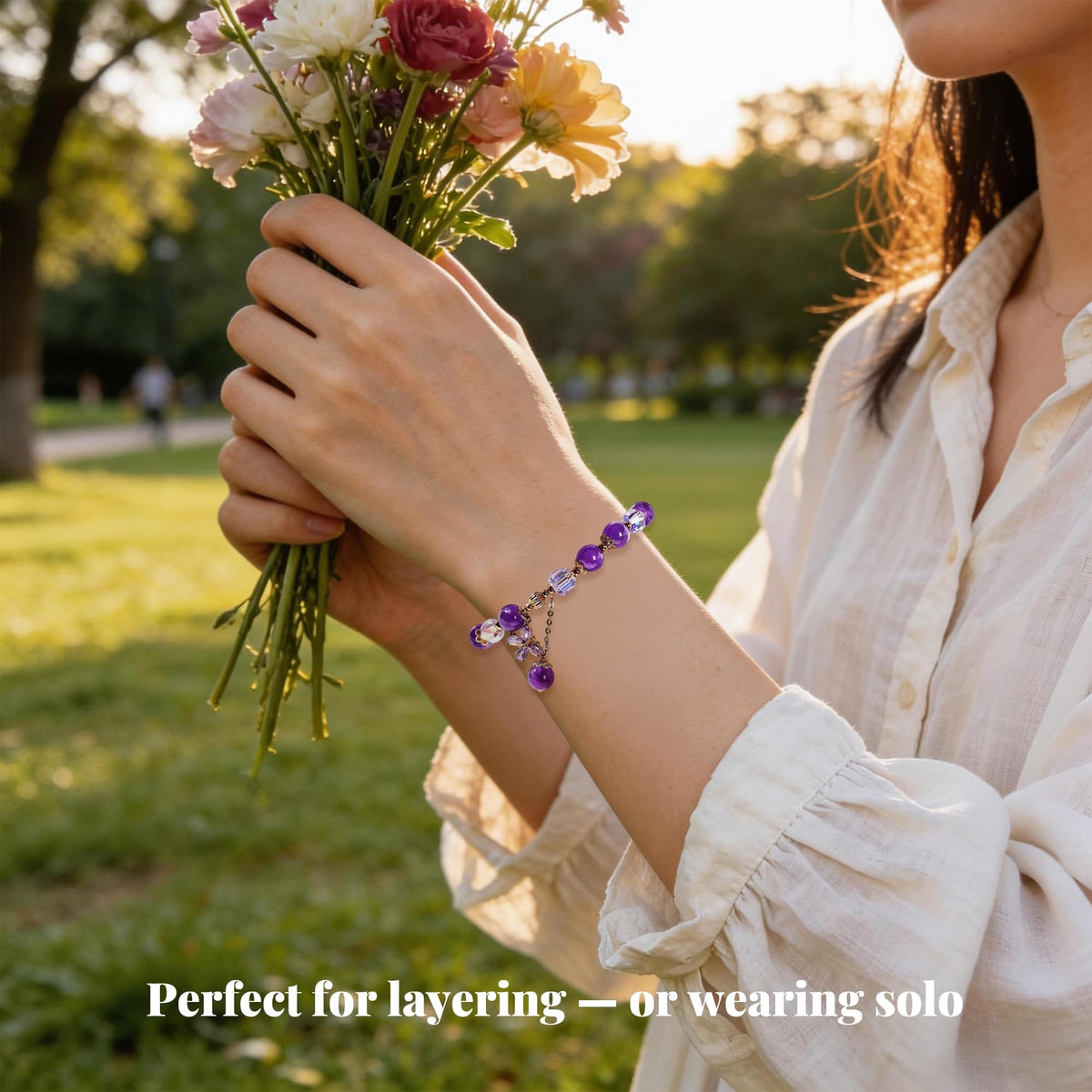 Buddha Stones Amethyst & Butterfly Charm Elastic Bracelet for Women, Handmade Stretch Anxiety Amethyst Crystal Beaded Bracelet, Natural Gemstone Bracelet Jewelry Gift For Mother's Day, Includes Gift Box -8MM