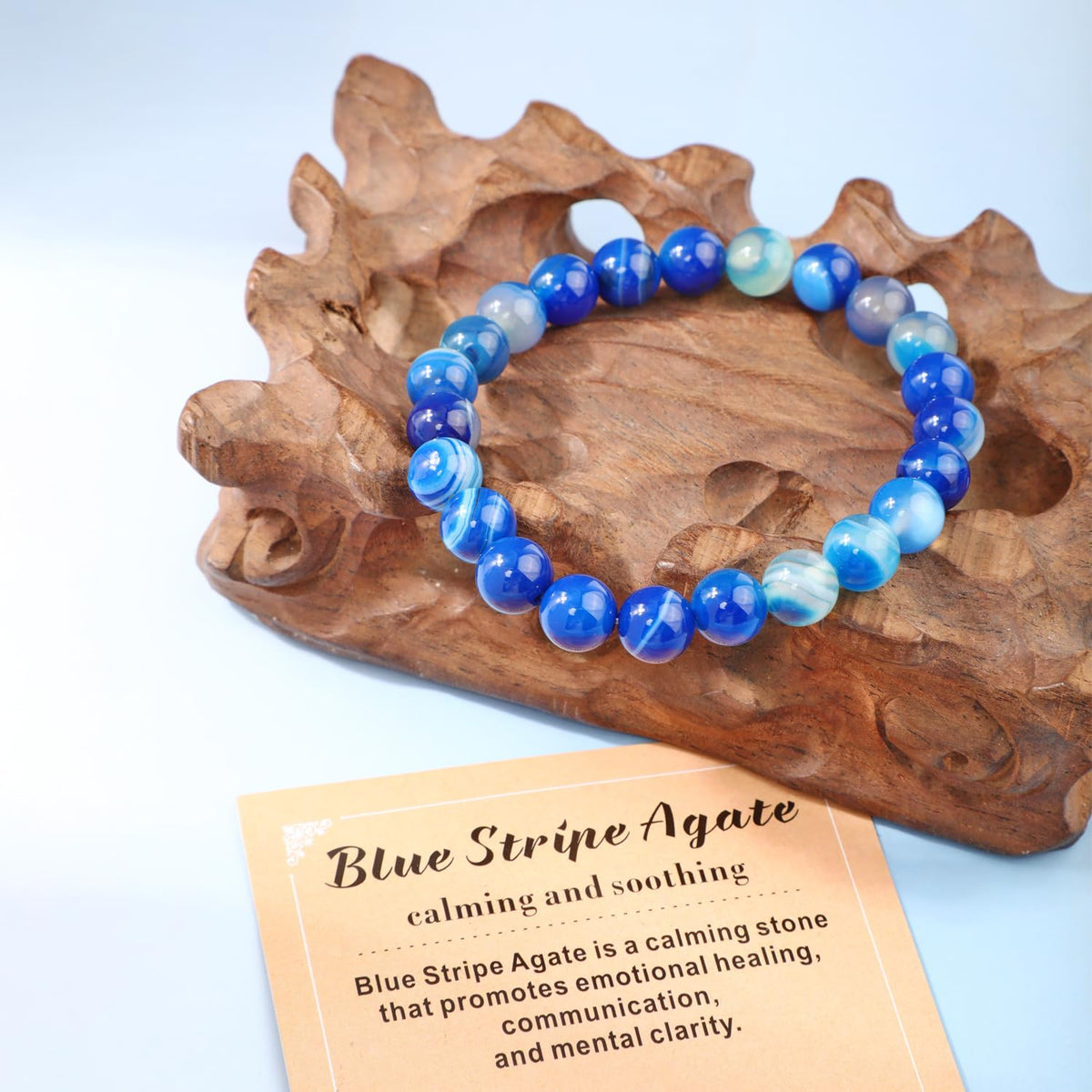 AD Beads 10mm Handmade Blue Stripe Agate Elastic Bracelet – Natural Gemstone for Calming and Soothing – Meditation, Yoga, Healing and Energy Gift for Men Women