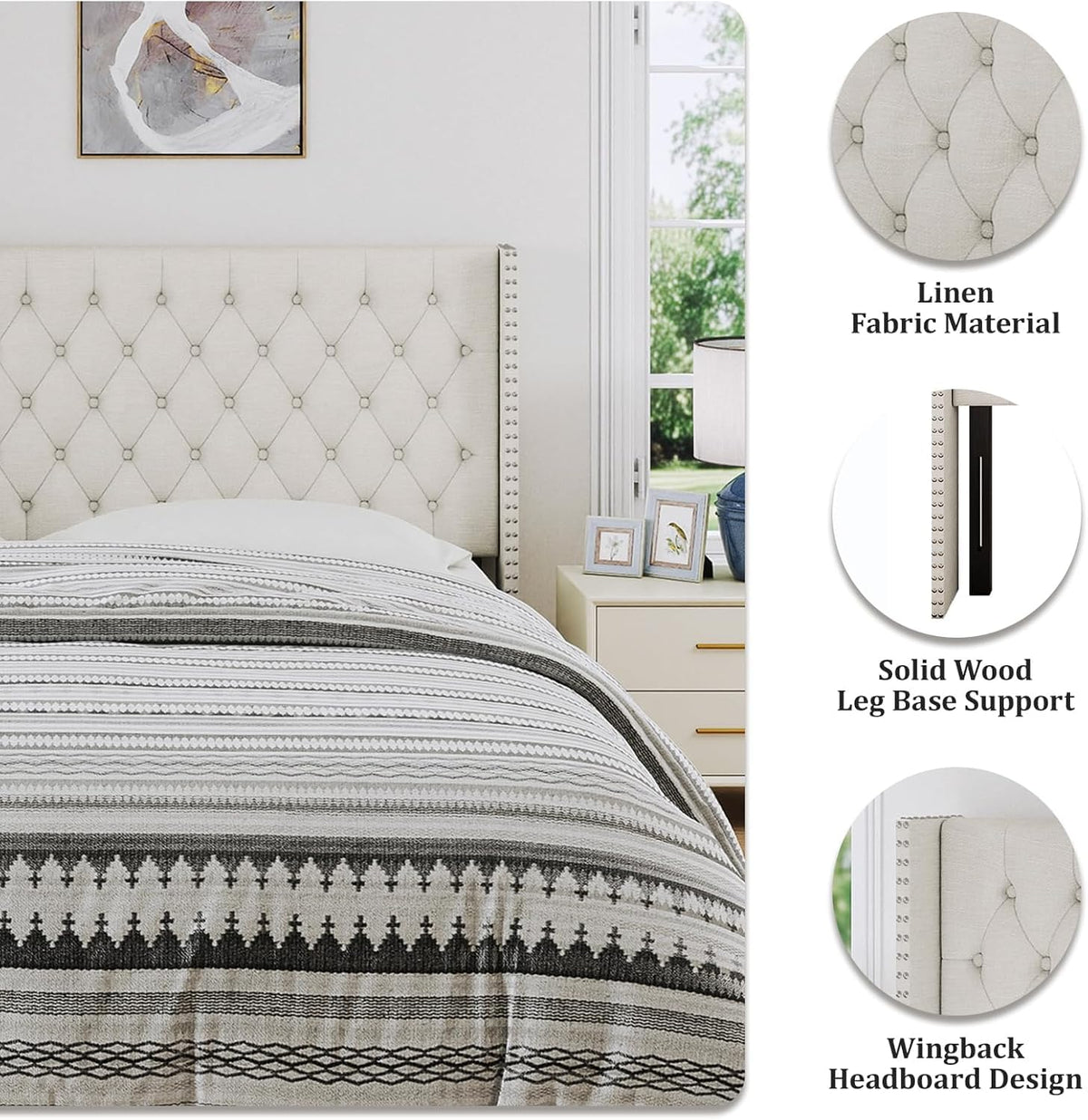 Furpopup King Size Headboard Only, Wingback Wall Mount Headboard King Size for Adjustable Bed Featuring High-Density Sponge Padding, Luxury Texture Easy Assembly Comfort and Style, Ivory