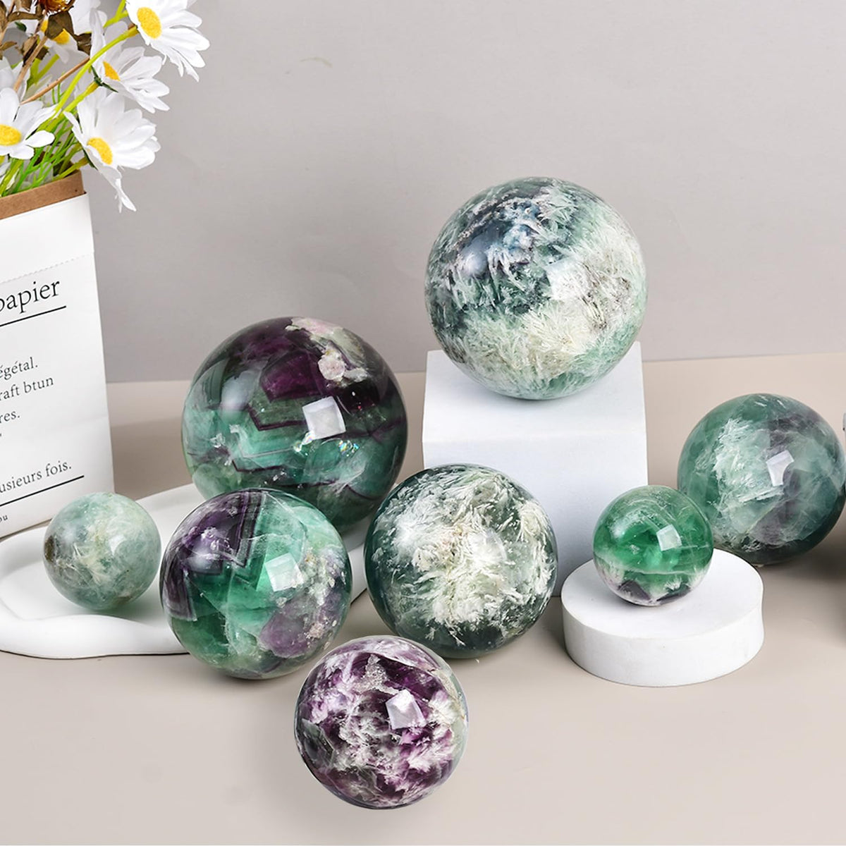 JIC Gem Large Crystal Ball Feather Fluorite Healing Crystals Sphere with Wooden Stand Meditation Home Decor 4 inch (100mm)