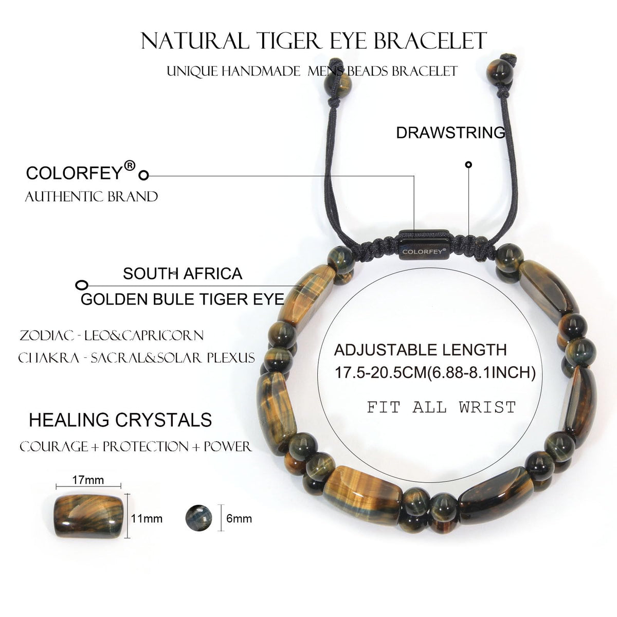 COLORFEY Tiger Eye Stone Bracelet for Men Authentic Mens Beads Bracelets Unique Tiger Eye Crystal Bracelet for Men, Unltimate Protection Mens Stone Bracelet Healing Power Energy Gifts for Father Son