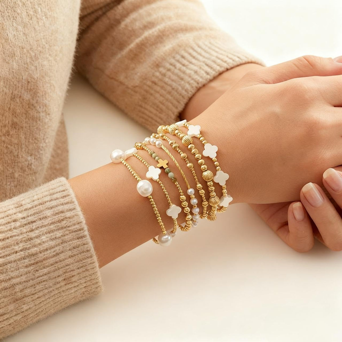 SHINUS BOHO 14K Gold White Beaded Clover Pearl Fall Bracelet Stack for Women,7PCS Bohemian Cross Beads Stretch Stackable Bracelets Set Fashion Holiday Birthday Prom Jewelry Accessories Gift Friendship Sister