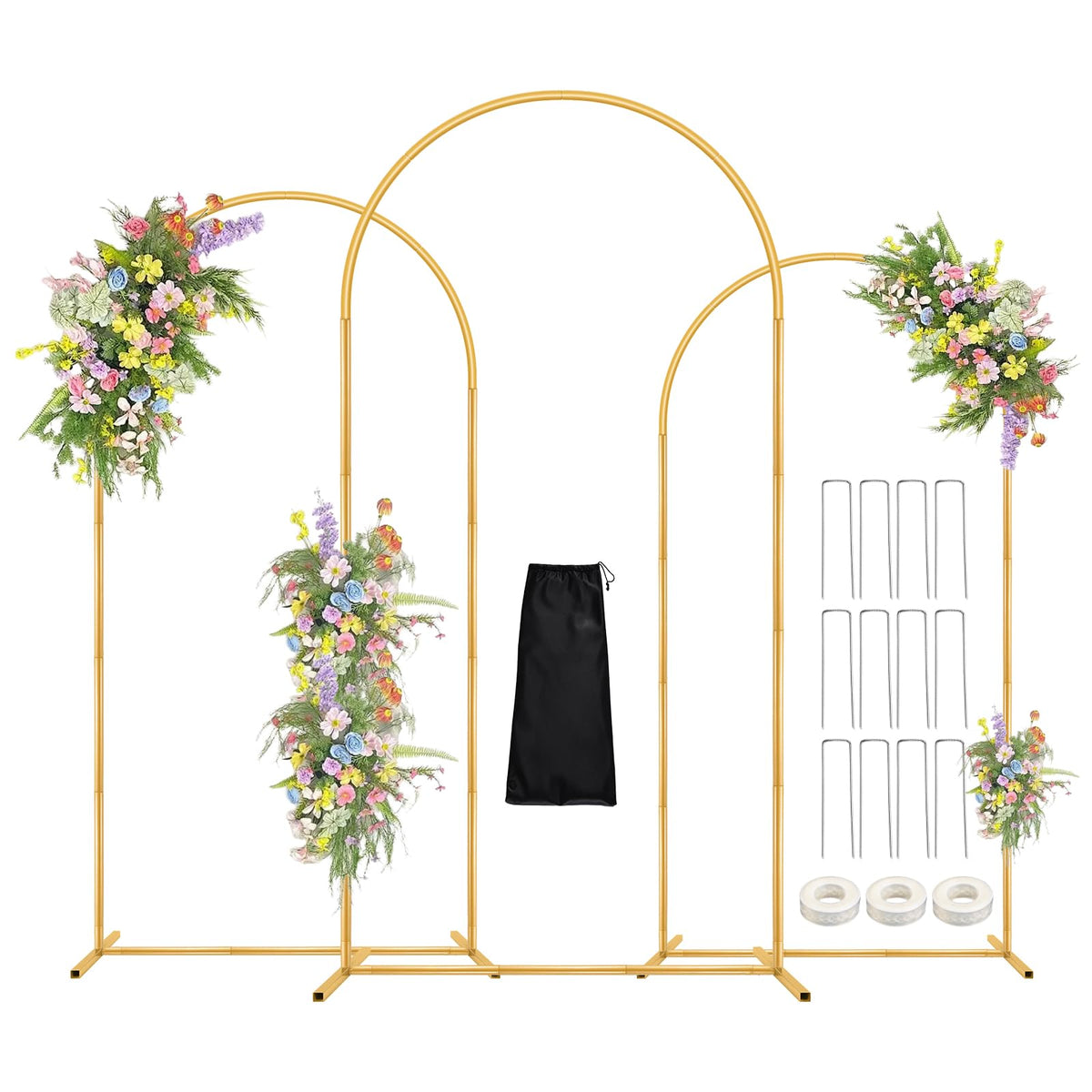 Antizz Arch Backdrop Stand,7.2FT, 6.6FT, 6FT Set of 3 Metal Gold Balloon Arch Stand Kit Wedding Arch Stand for Baby Shower Birthday Party Event Decoration Garden Floral Balloon Arch with Base