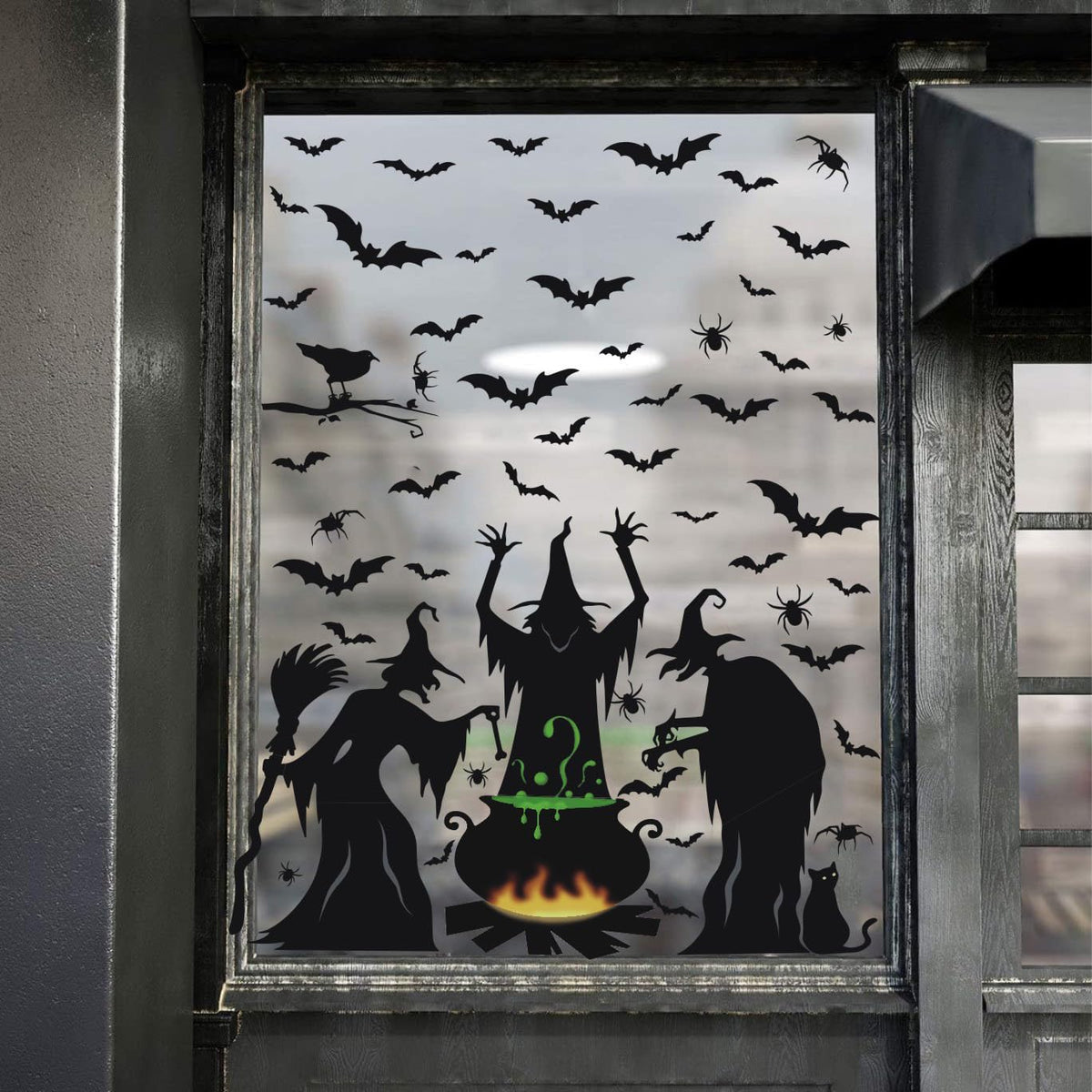 Halloween Window Clings Decorations, Witches with Cauldron Silhouette Black Cats Bats Spider Halloween Window Stickers Decals for Home Party Indoor Outdoor Glass Windows Door Decor