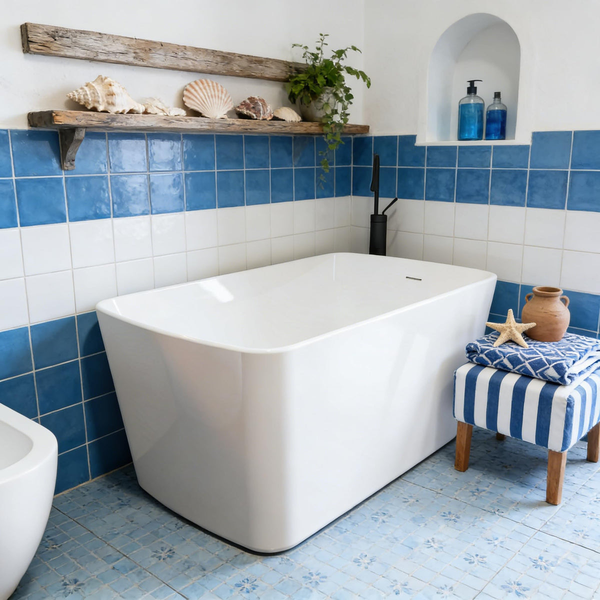 49" Acrylic Freestanding Soaking Bathtub, Matte Black Drain & Overflow, Modern Design Unique Tub for Home Bathroom Renovations, Glossy White