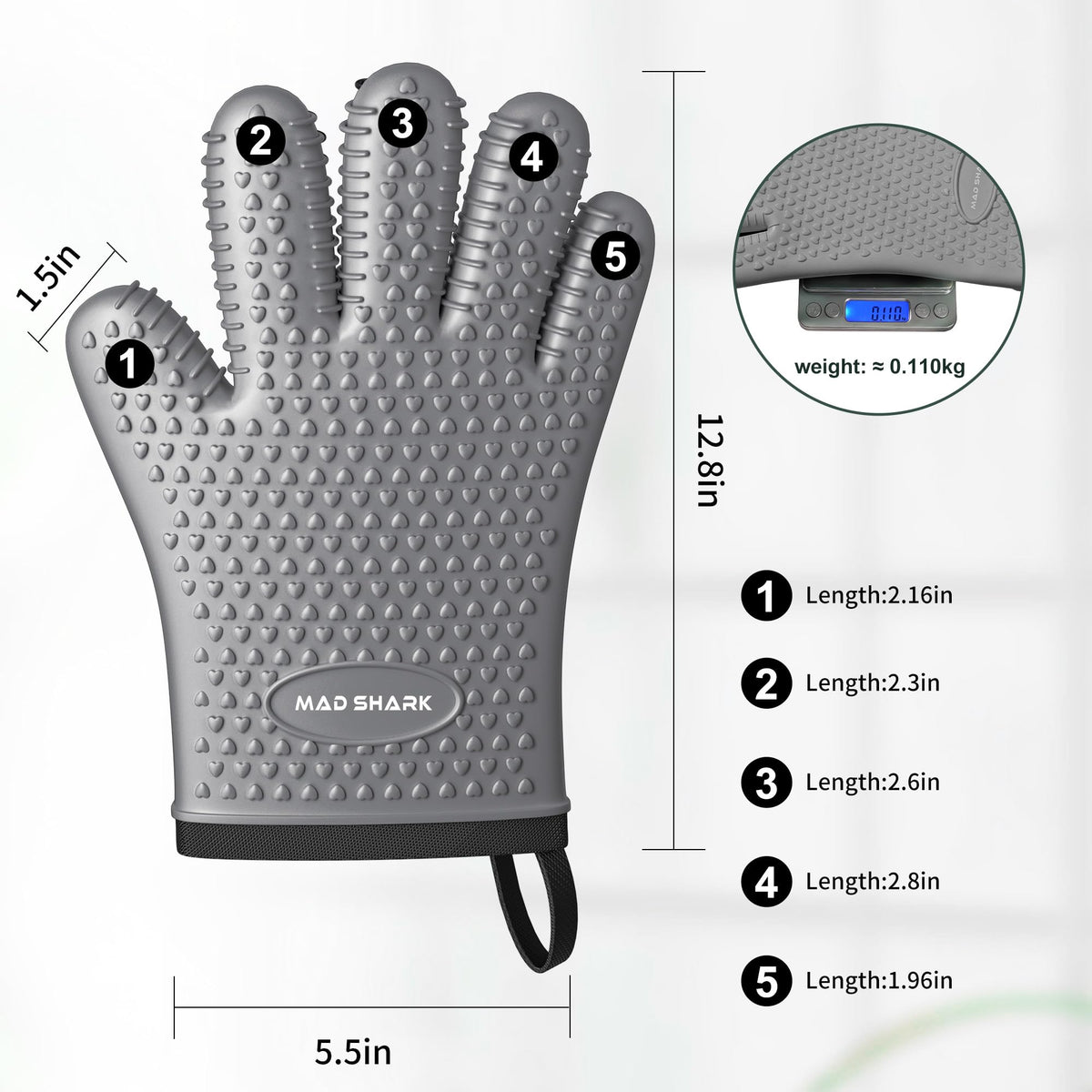 MAD SHARK Silicone Oven Mitts Heat Resistant 450 Degrees,Waterproof & Non-Slip Oven Gloves with Fingers,Cotton Lined Silicone Oven Gloves Kitchen Mitts for Baking Cooking Barbecue,Women,Oven (GREY1)