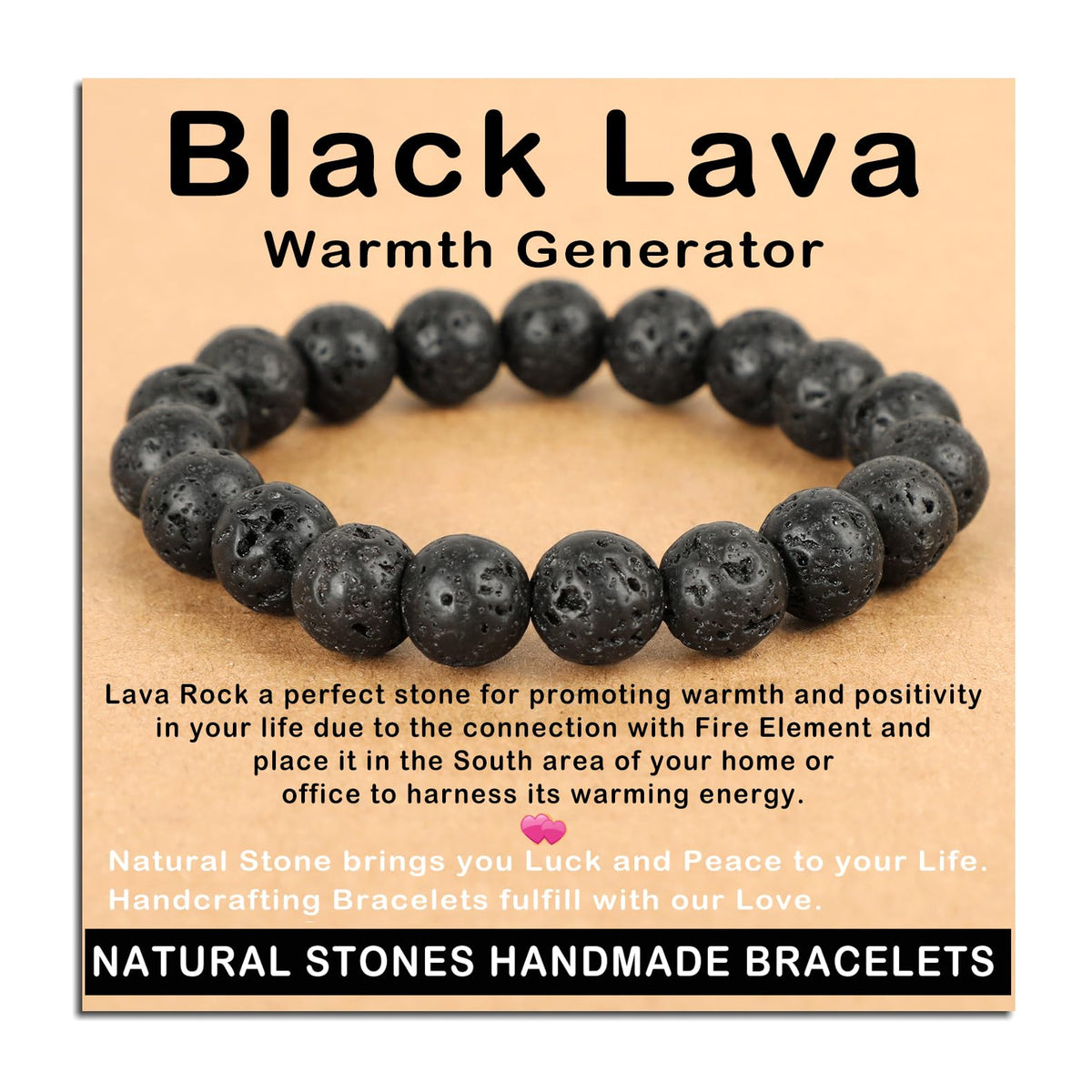 AD Beads Handmade Gemstone Stretch Elastic Bracelet Crystal Healing Reiki Nature's Beauty and Spiritual Essence Unisex (10mm, Black Lava (Warmth Generator))