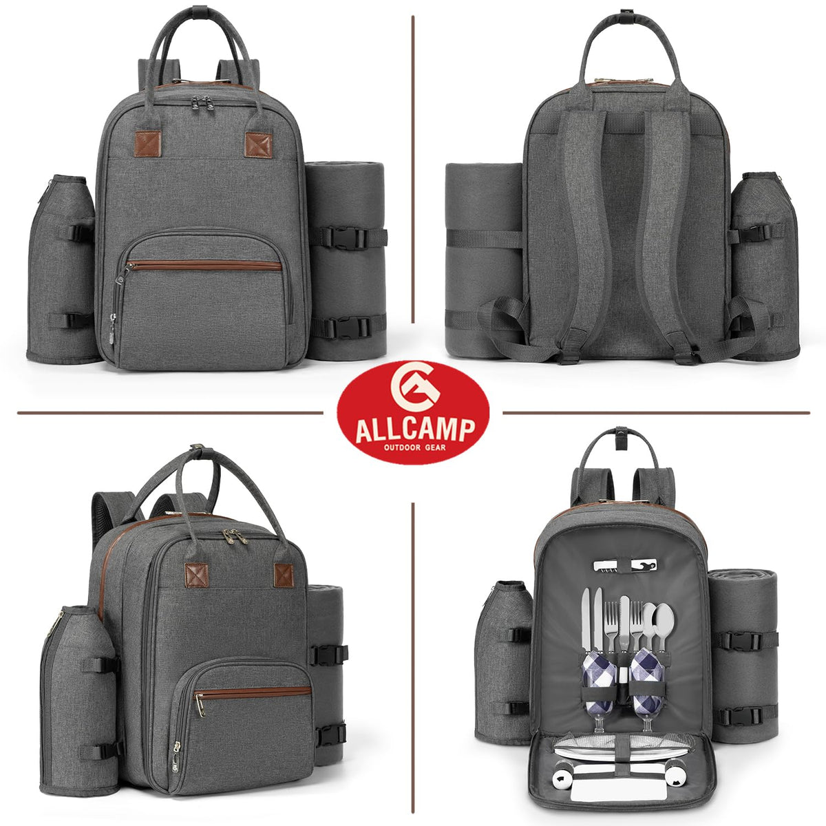 ALLCAMP Picnic Backpack - Insulated Cooler Bag with Compartment, Detachable Wine Glass Holder, Throw Blanket & Cutlery Set, 2 Person Picnic Set for Family Outings, Couple Gifts (Gray)