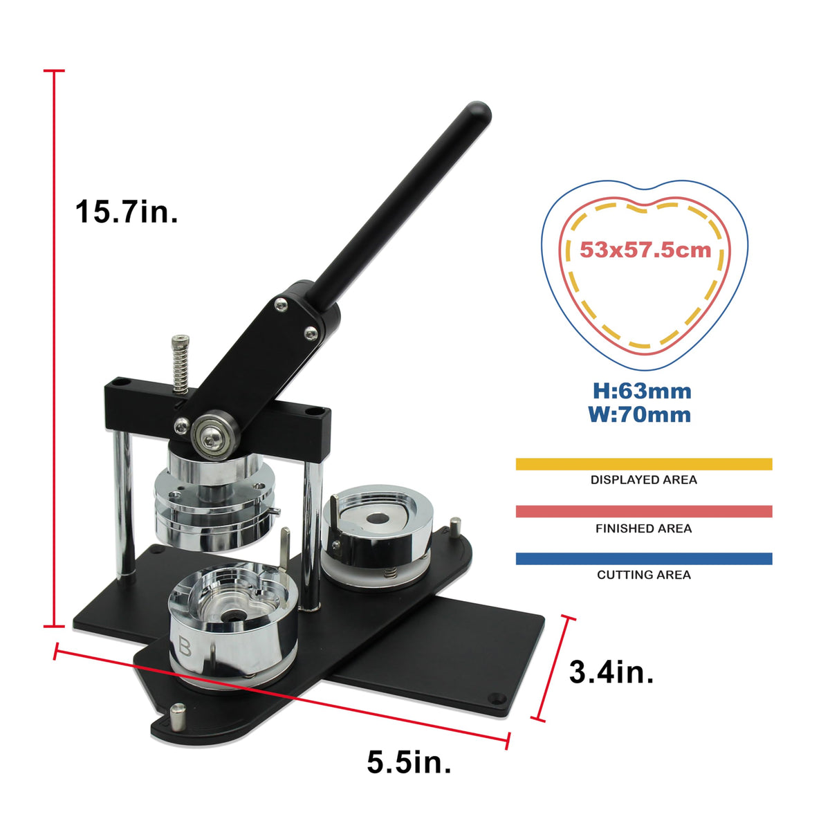 ChiButtons (KIT) Heart 53x57.5mm Pro Badge Machine Button Maker-B400 + Mould + 100 Parts + Stand Cutter Metric System (Black)