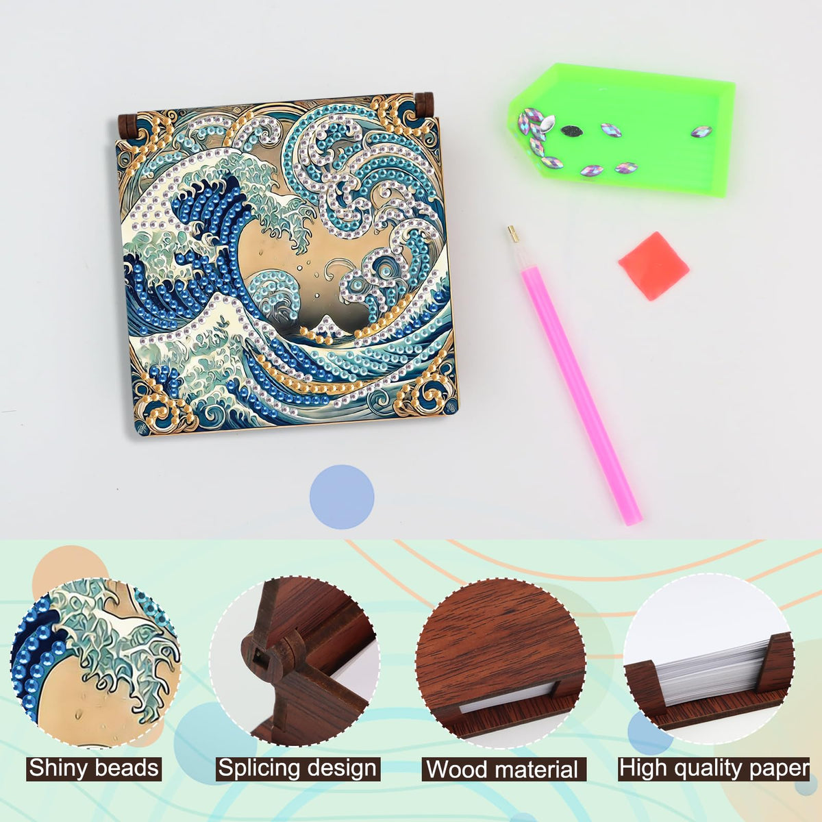 JISHSHAY Diamond Painting Note Box Sea Wave Diamond Art Sticky Note Holder Gem Art Notecard Box Gem Painting Mosaic Kits for Adults Embroidery Kit Memo Pad Holder, Contains 160 Sheets of Paper