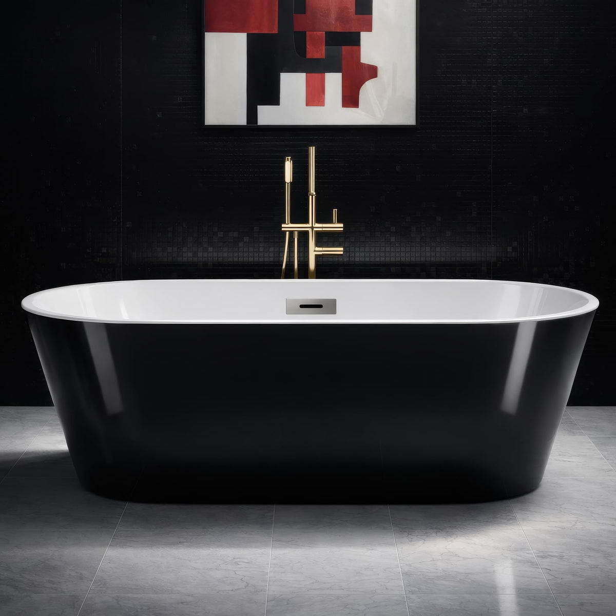 59" Free Standing Tub, Acrylic Soaking Bathtub, Stand Alone Freestanding Tub with Matte Sliver Drain and Overflow, Contemporary Bathtub for Bathroom, Black