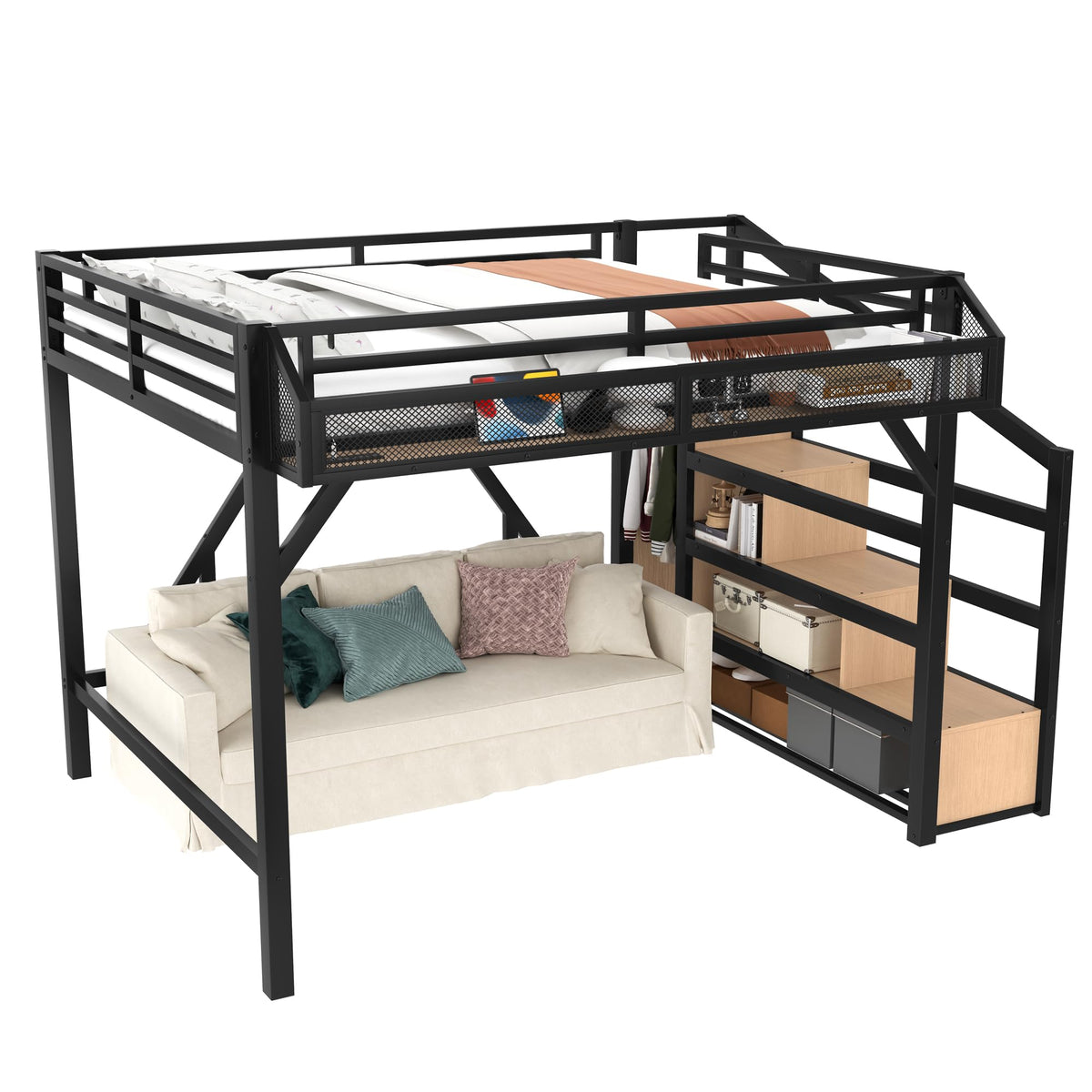 Bellemave Queen Size Loft Bed with Storage Stairs, Beside Shelves and Wardrobe, Queen Metal Loft Bed Frame with USB Ports and LED Lights, Large Under-Bed Space, for Adults,Teens,Boys,Girls, Natural