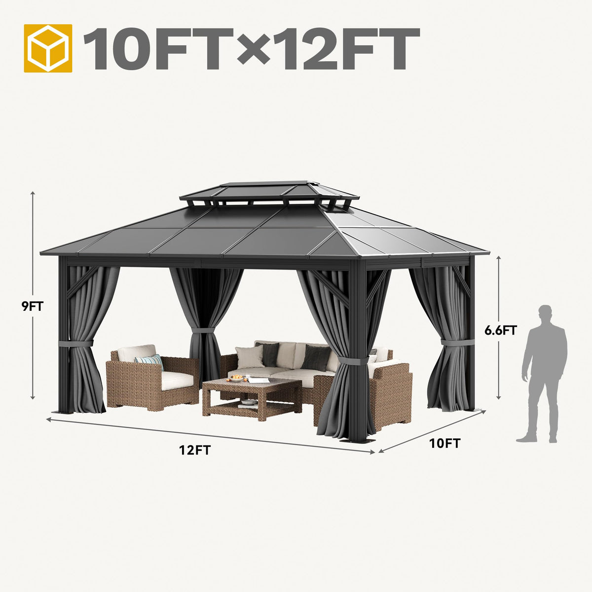 DWVO 10x12ft Gazebo Hardtop Double Roof Polycarbonate Canopy Outdoor with Netting and Shaded Curtains, Metal Frame Garden Tent for Patio, Backyard, Deck and Lawns, Gray