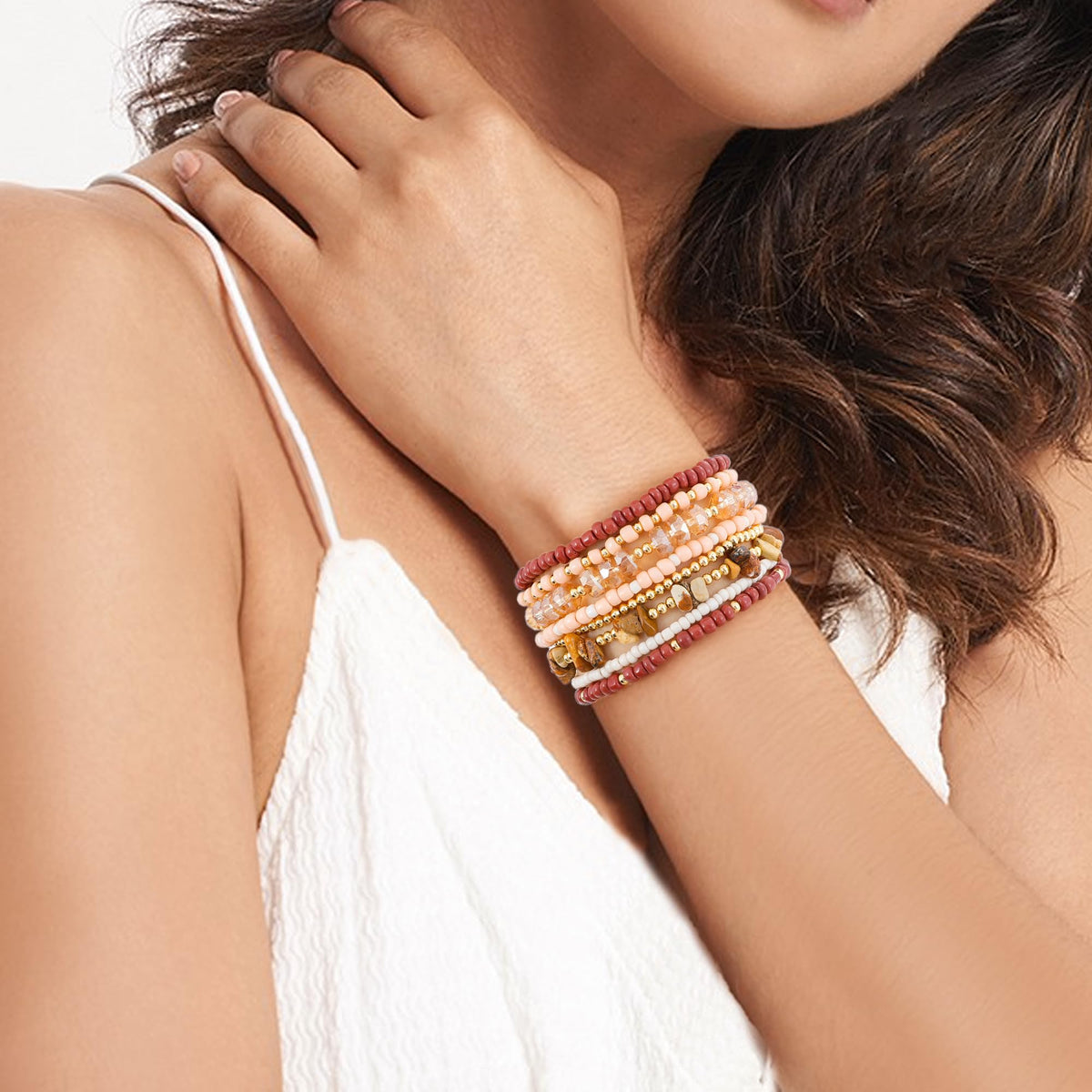 RISHEGAE Heishi Beaded Stretch Bracelets for Women Stackable Polymer Clay Beads Bracelets Friendship Boho Summer Beach Bracelet Jewelry Set (A-A brown)