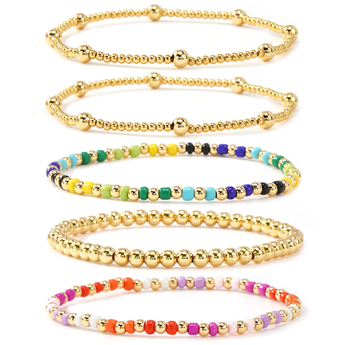 Bohxantium Gold Beaded Bracelets Set for Women Stackable 14K Gold Plated Beads Ball Colorful Seed Bracelets for Women Stack Non Tarnish Stretch Trendy Jewelry Prom Friendship Birthday Christmas Gifts
